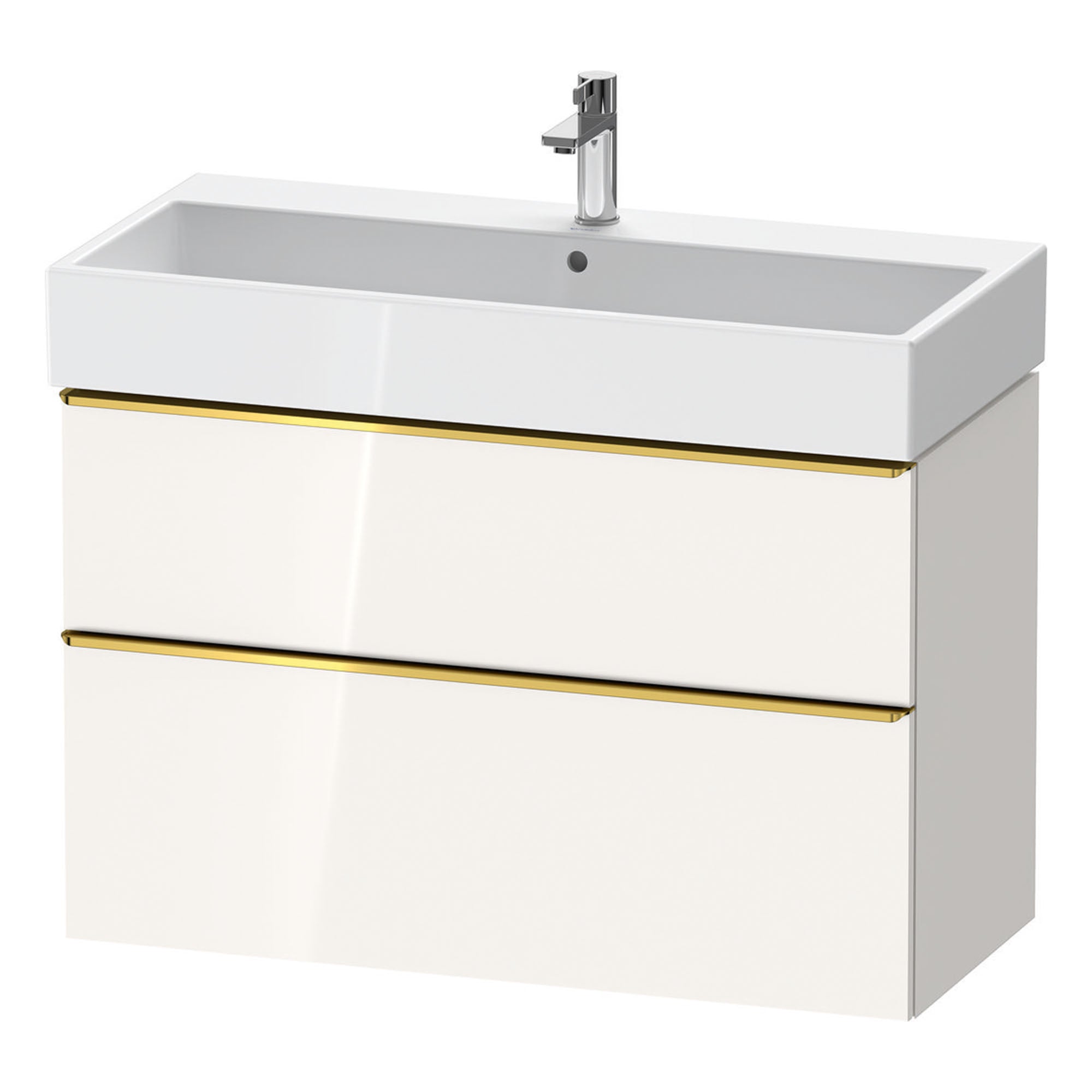 duravit d-neo 1000 wall mounted vanity unit with vero basin white gloss gold handles