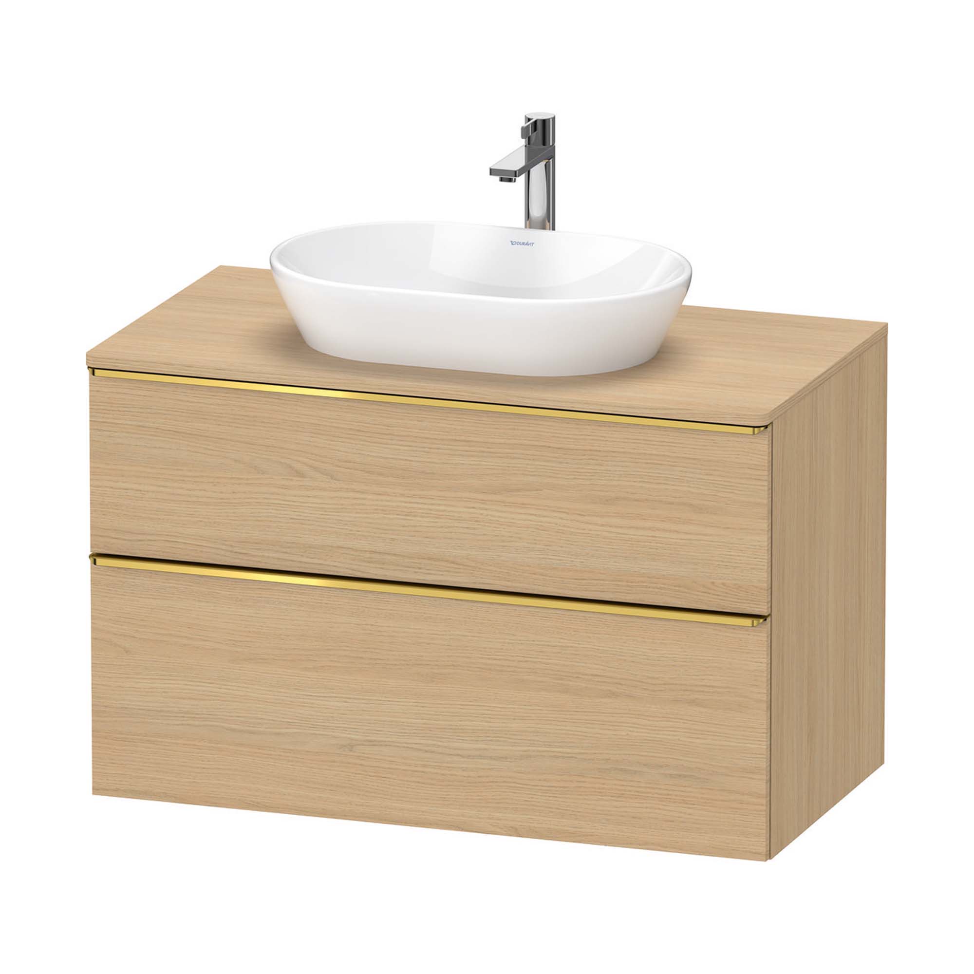 duravit d-neo 1000 wall mounted vanity unit with worktop natural oak gold handles