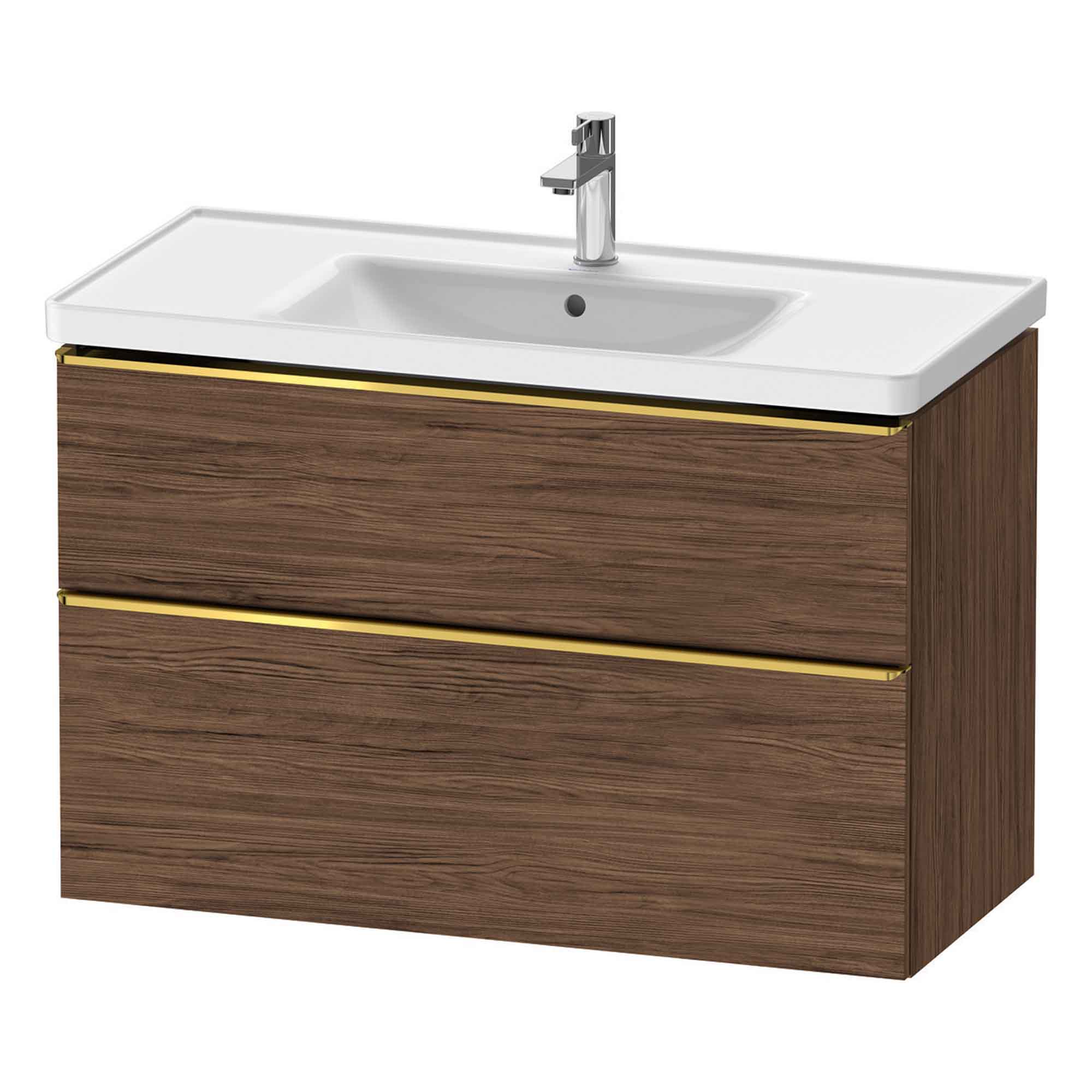 duravit d-neo 1000mm wall mounted vanity unit with d-neo basin dark walnut gold handles