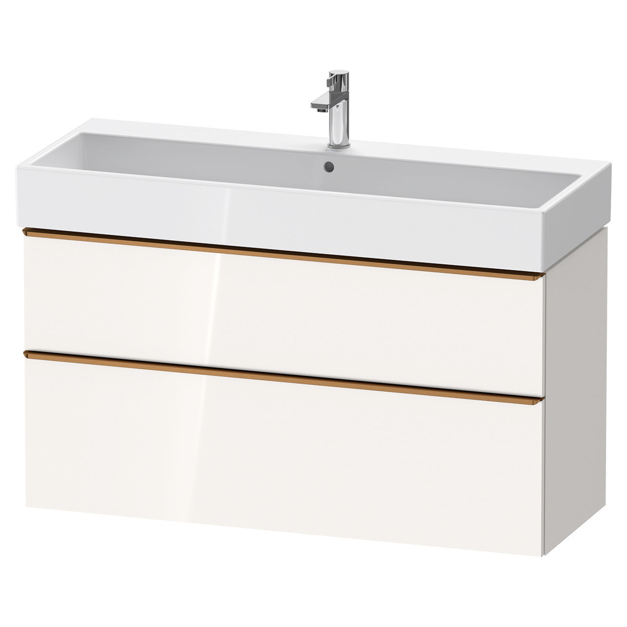duravit d-neo 1200 wall mounted vanity unit with vero basin white gloss brushed bronze handles