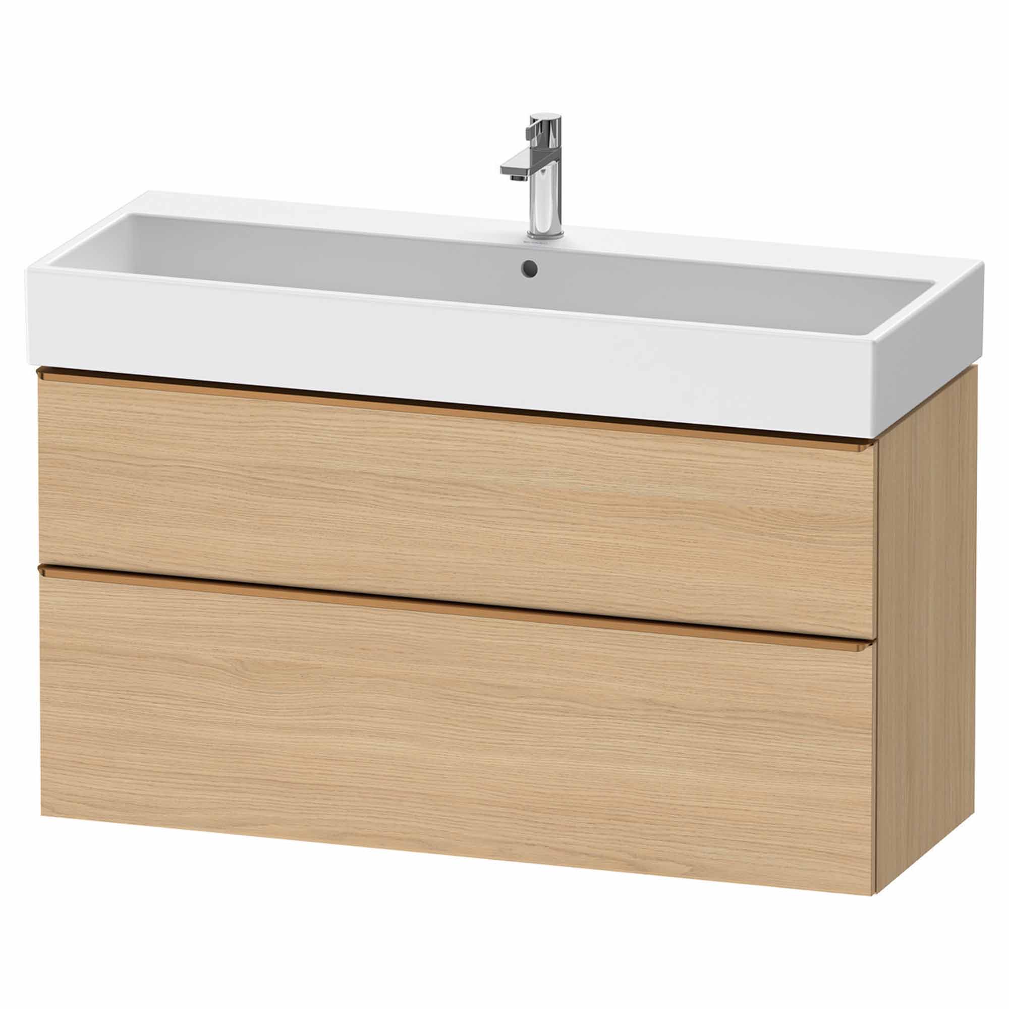 duravit d-neo 1200 wall mounted vanity unit with vero basin natural oak brushed bronze handles