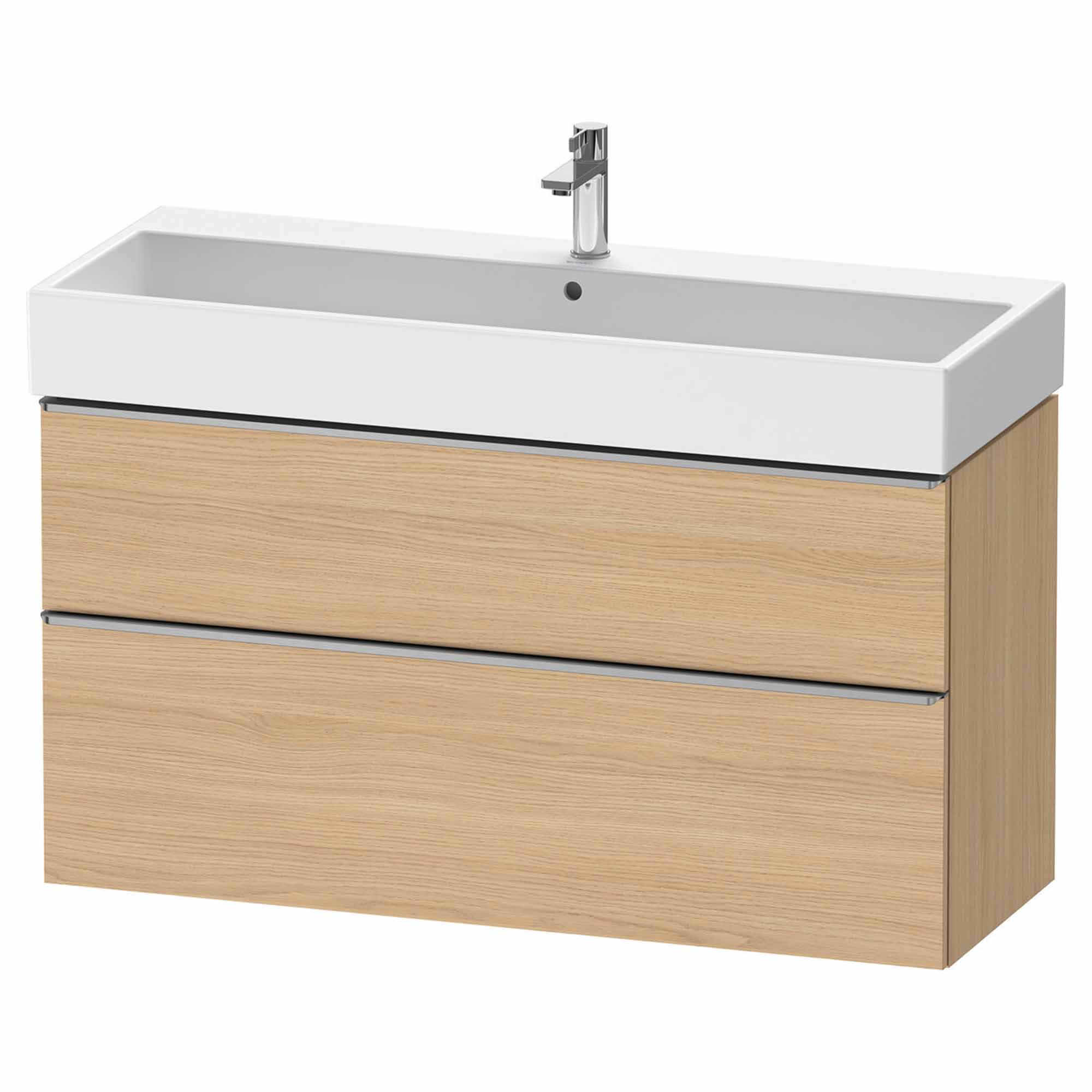duravit d-neo 1200 wall mounted vanity unit with vero basin natural oak stainless steel handles