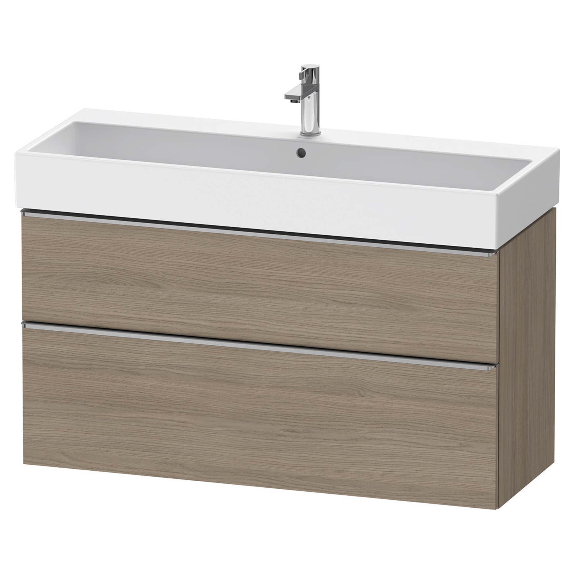 duravit d-neo 1200 wall mounted vanity unit with vero basin oak terra stainless steel handles