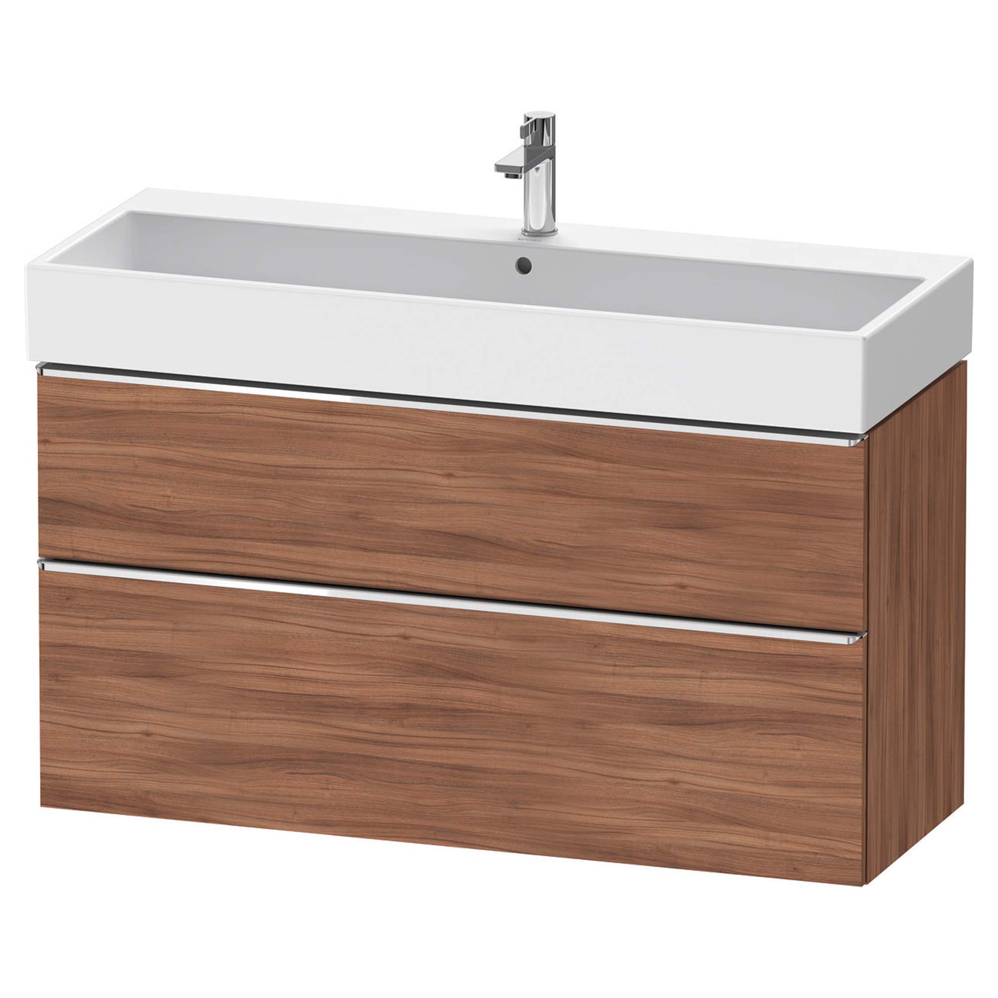 duravit d-neo 1200 wall mounted vanity unit with vero basin walnut chrome handles