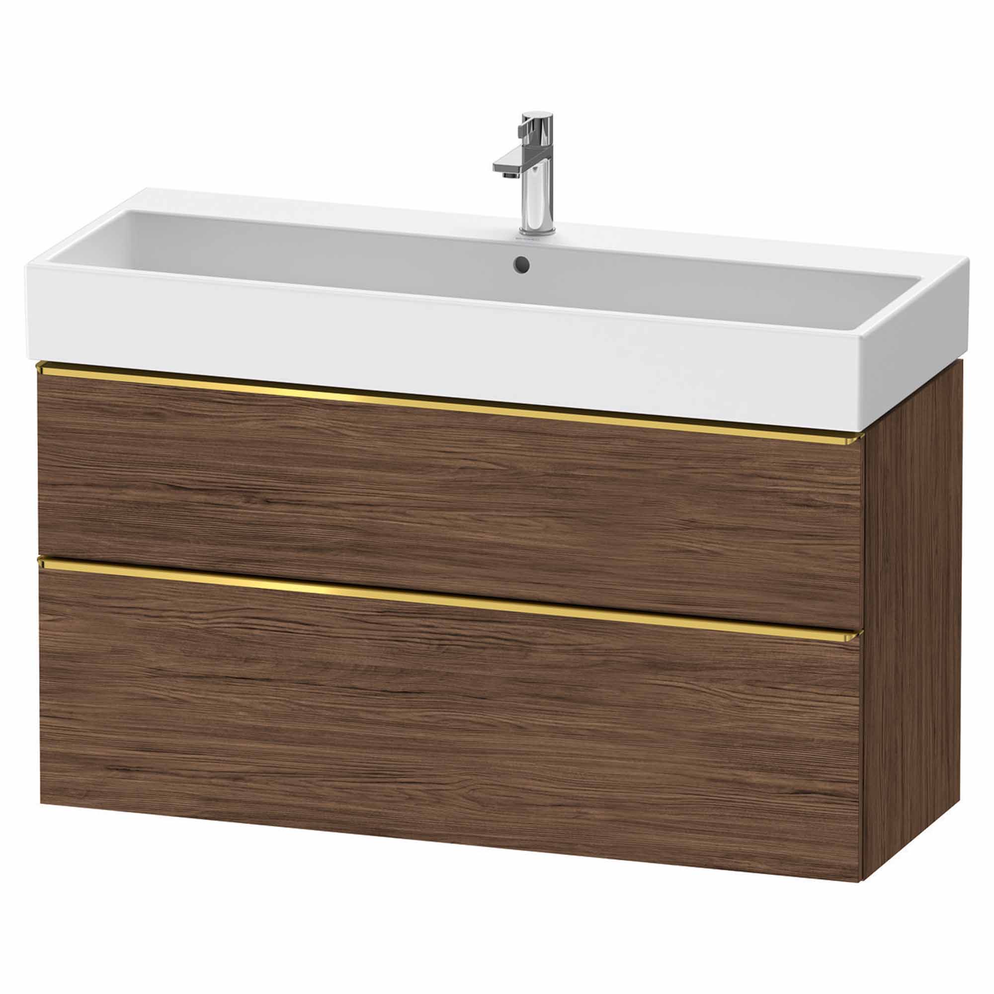 duravit d-neo 1200 wall mounted vanity unit with vero basin walnut dark gold handles
