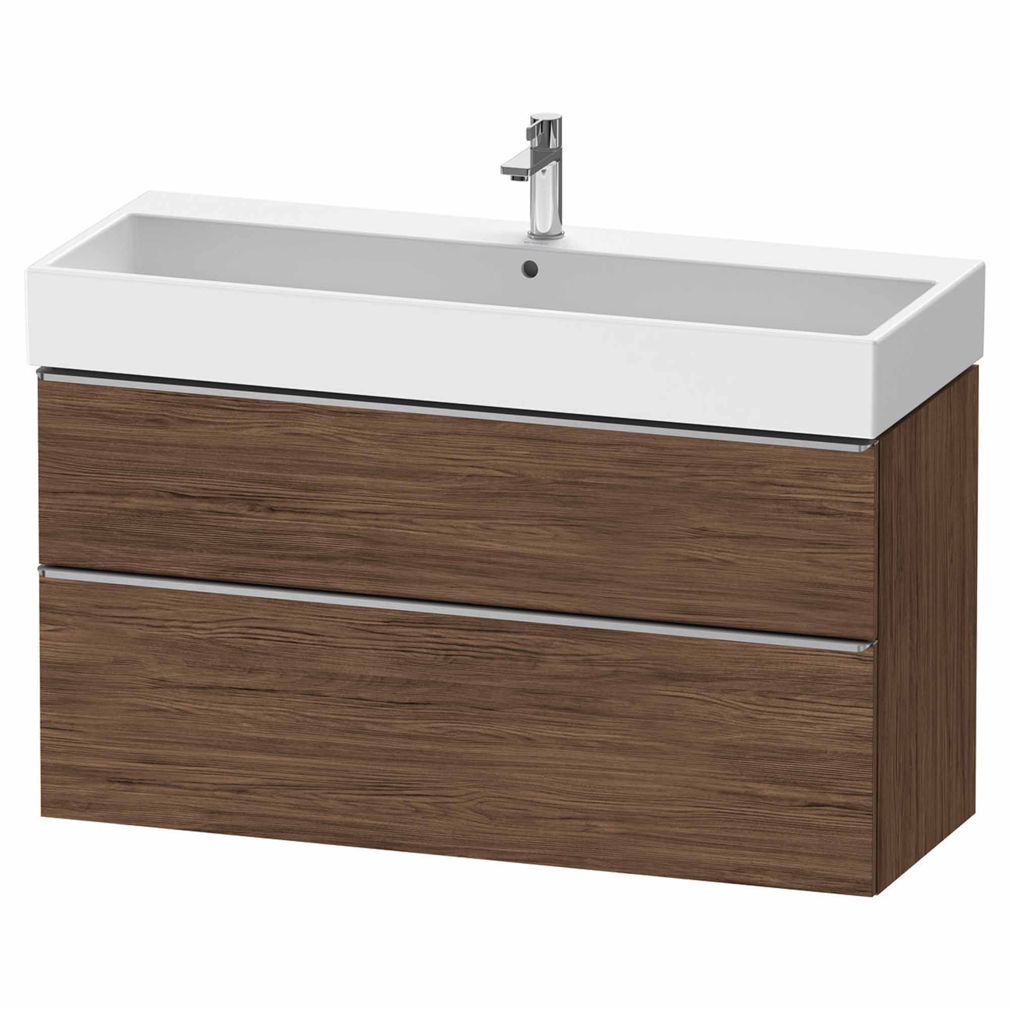 duravit d-neo 1200 wall mounted vanity unit with vero basin walnut dark stainless steel handles