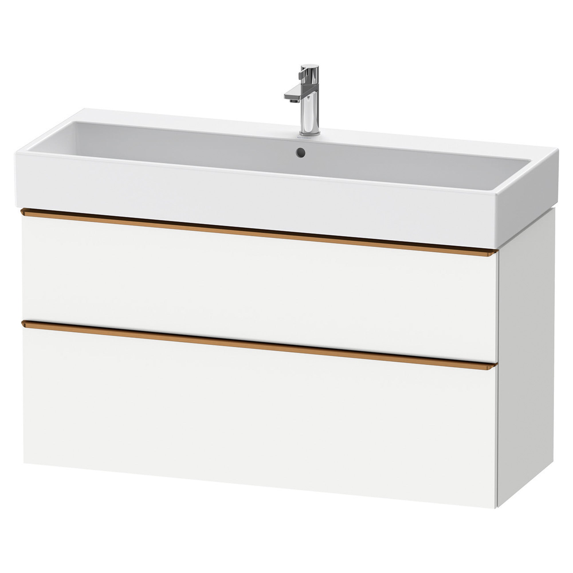 duravit d-neo 1200 wall mounted vanity unit with vero basin white matt brushed bronze handles