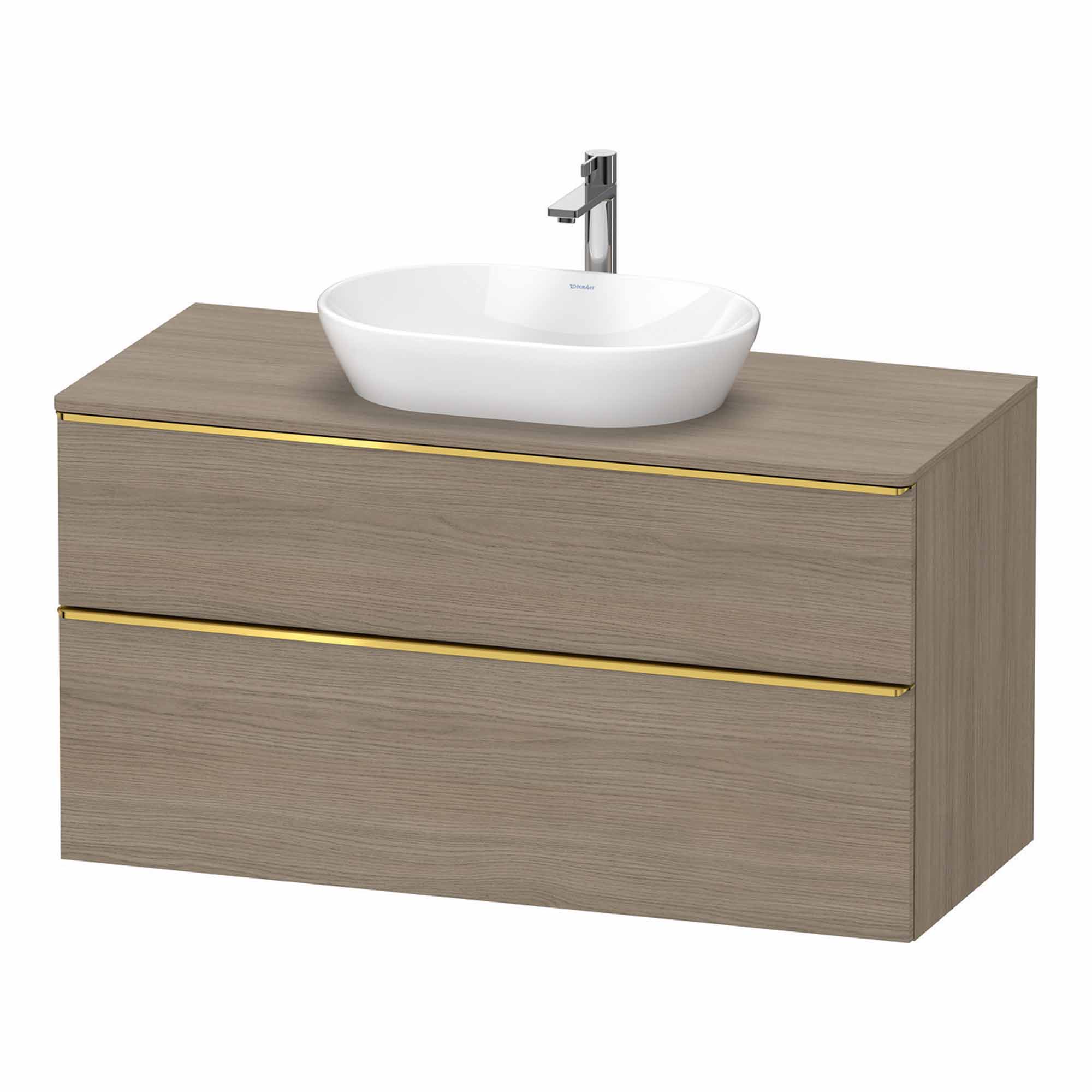 duravit d-neo 1200 wall mounted vanity unit with worktop oak terra gold handles