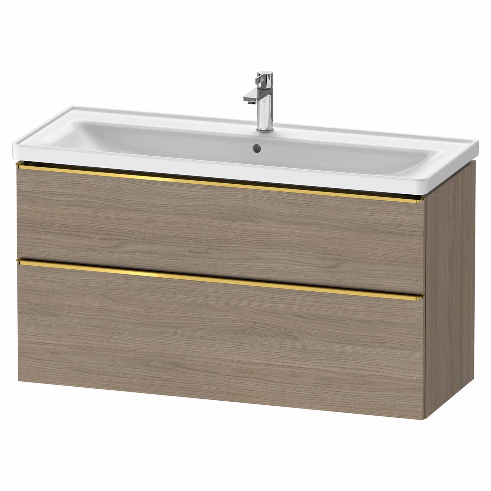 duravit d-neo 1200mm wall mounted vanity unit with d-neo basin oak terra gold handles