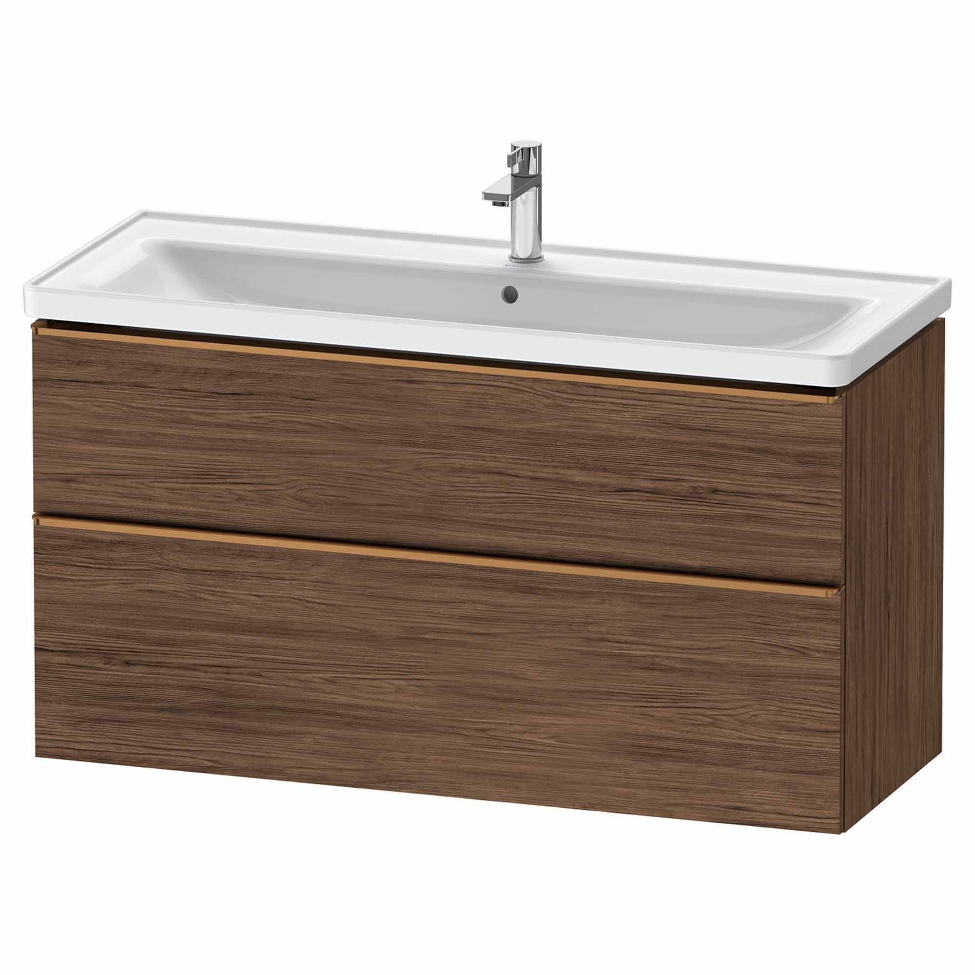 duravit d-neo 1200mm wall mounted vanity unit with d-neo basin dark walnut brushed bronze handles