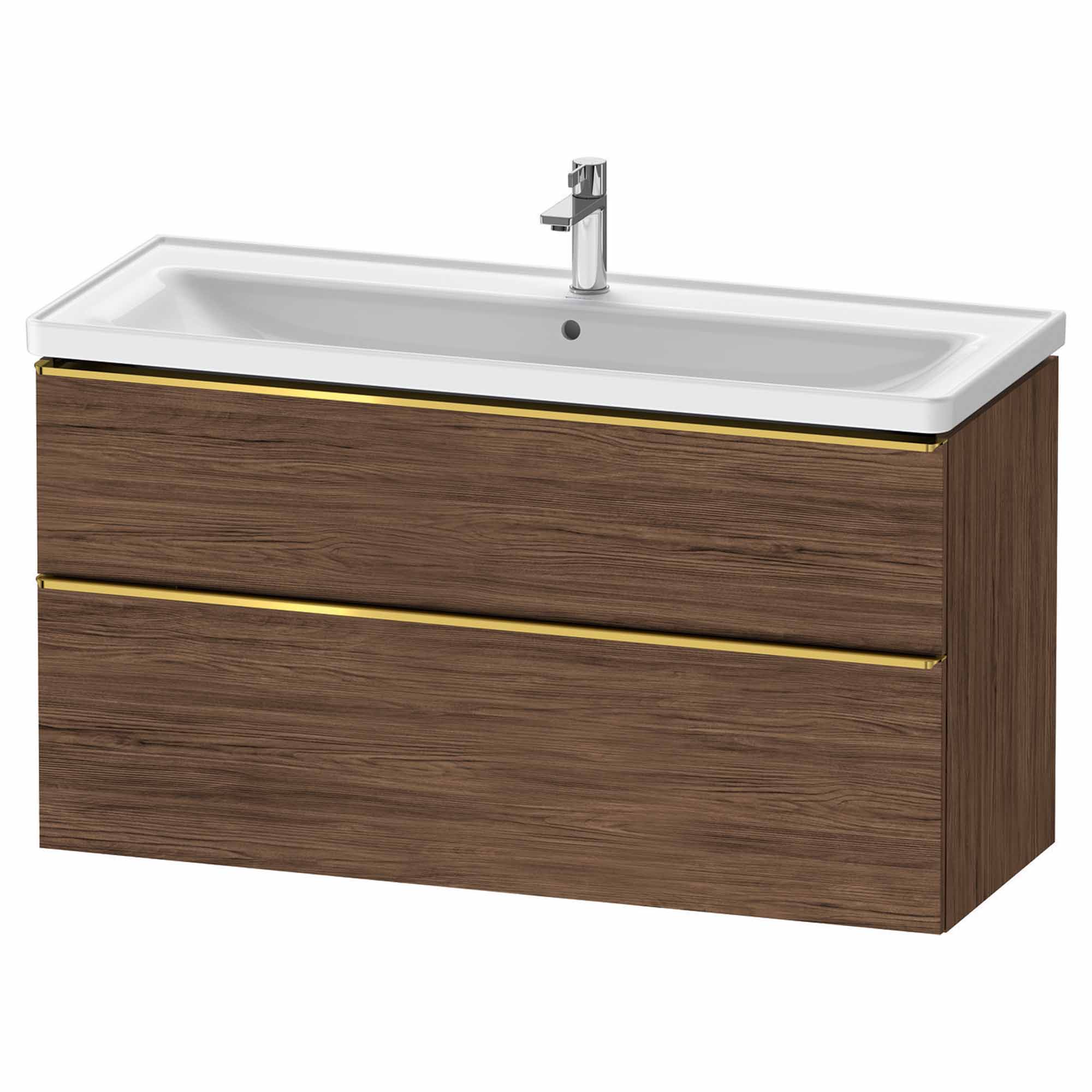 duravit d-neo 1200mm wall mounted vanity unit with d-neo basin dark walnut gold handles