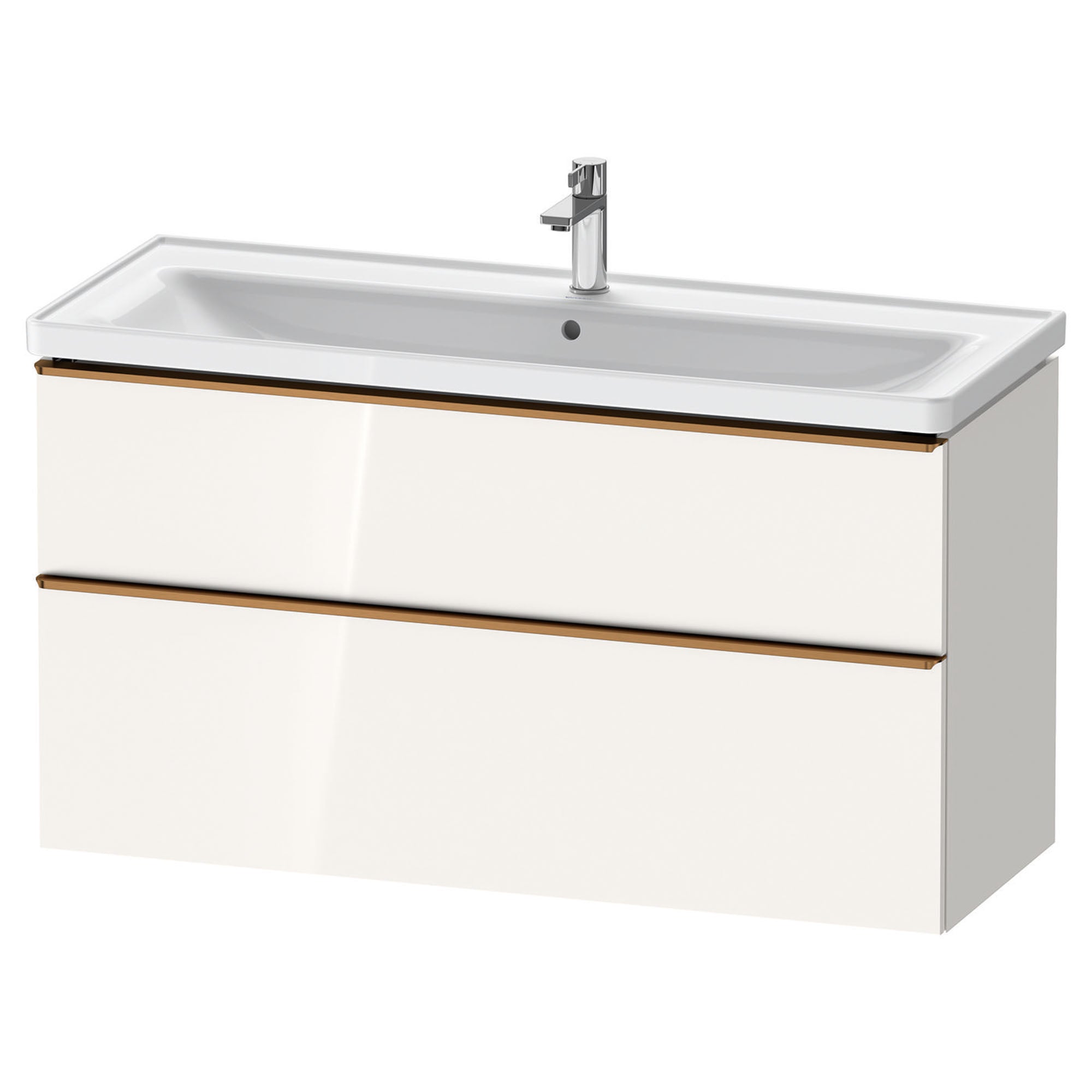 duravit d-neo 1200mm wall mounted vanity unit with d-neo basin gloss white brushed bronze handles