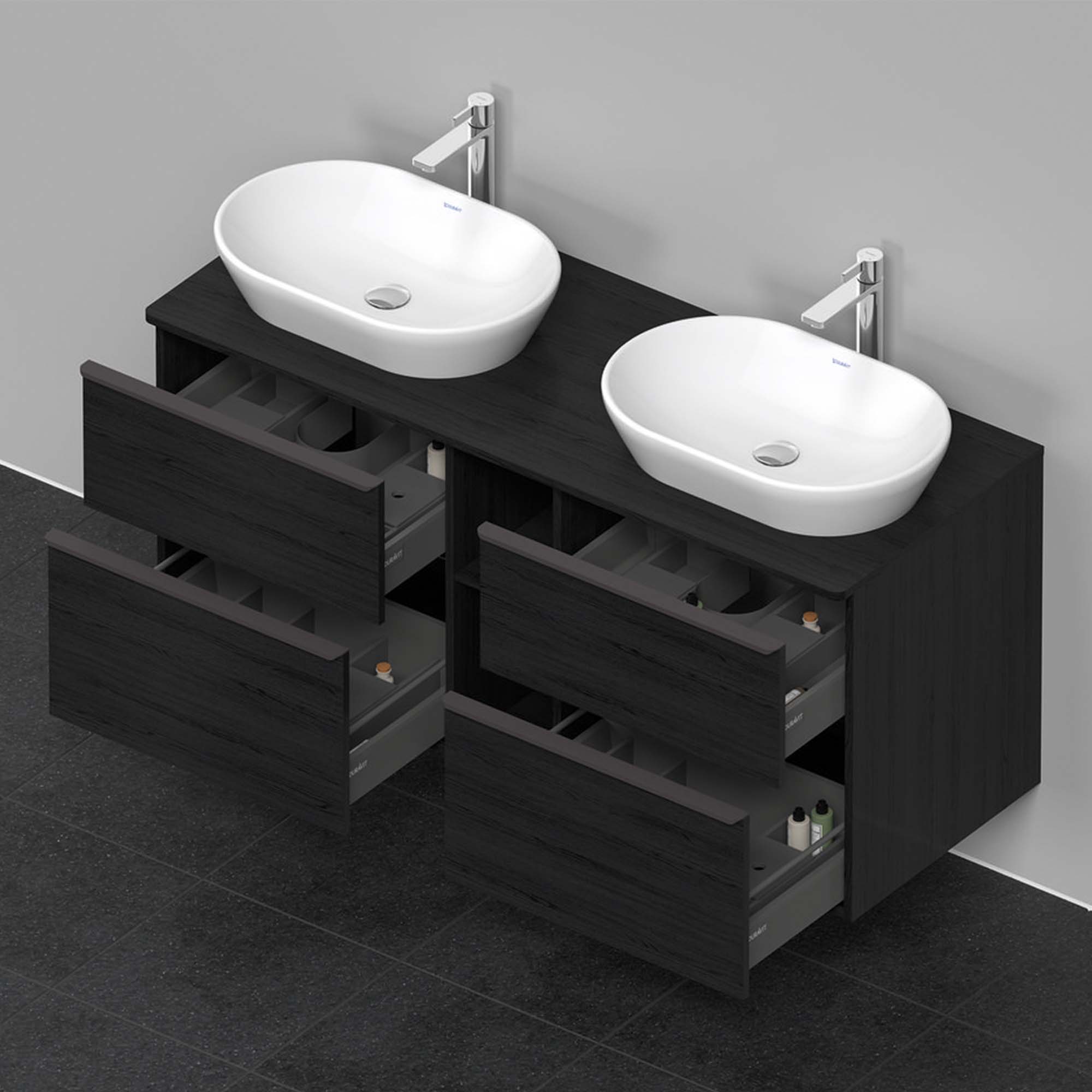 duravit d-neo 1400 wall mounted vanity unit with worktop 2 open shelves black oak diamond black handles