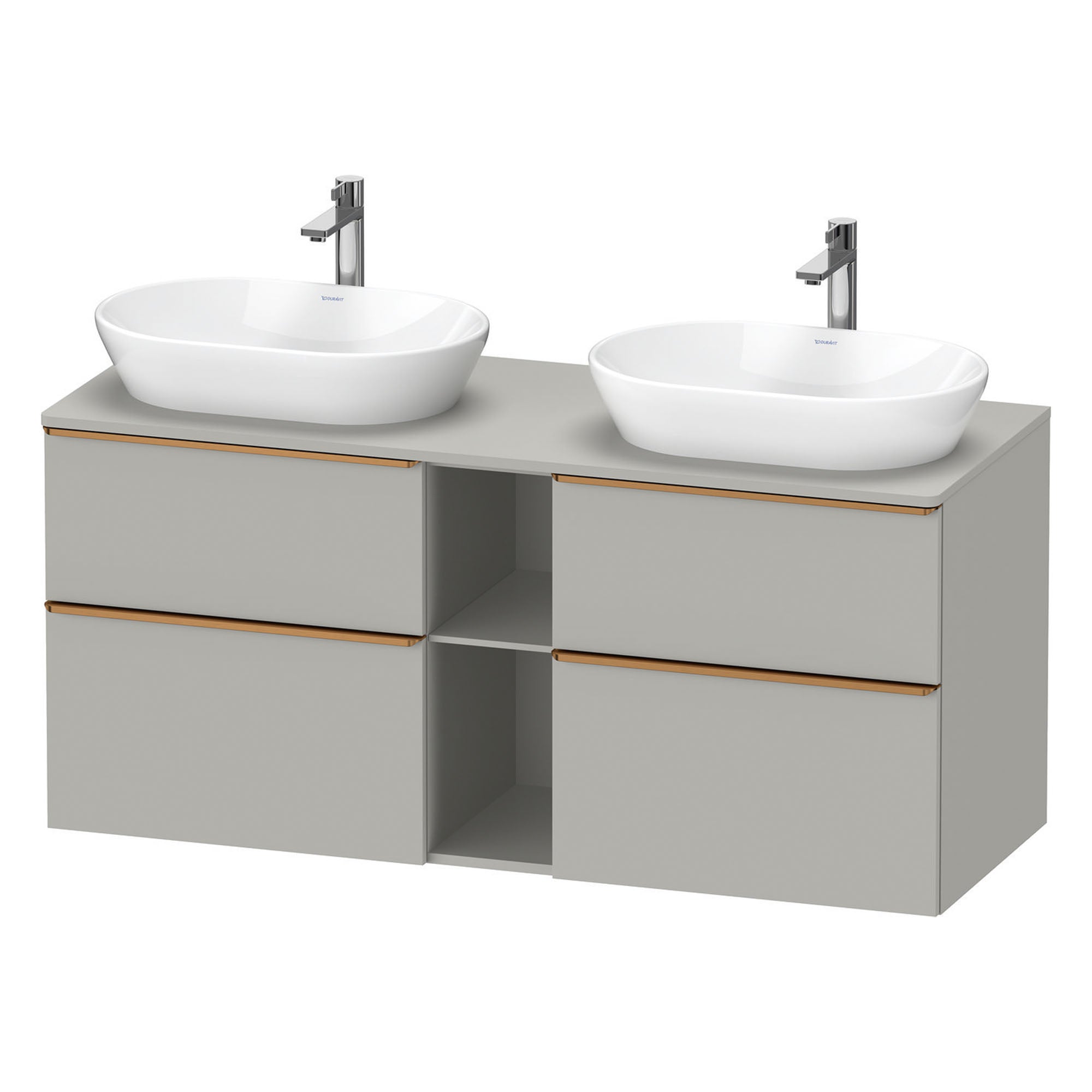 duravit d-neo 1400 wall mounted vanity unit with worktop 2 open shelves concrete grey brushed bronze handles