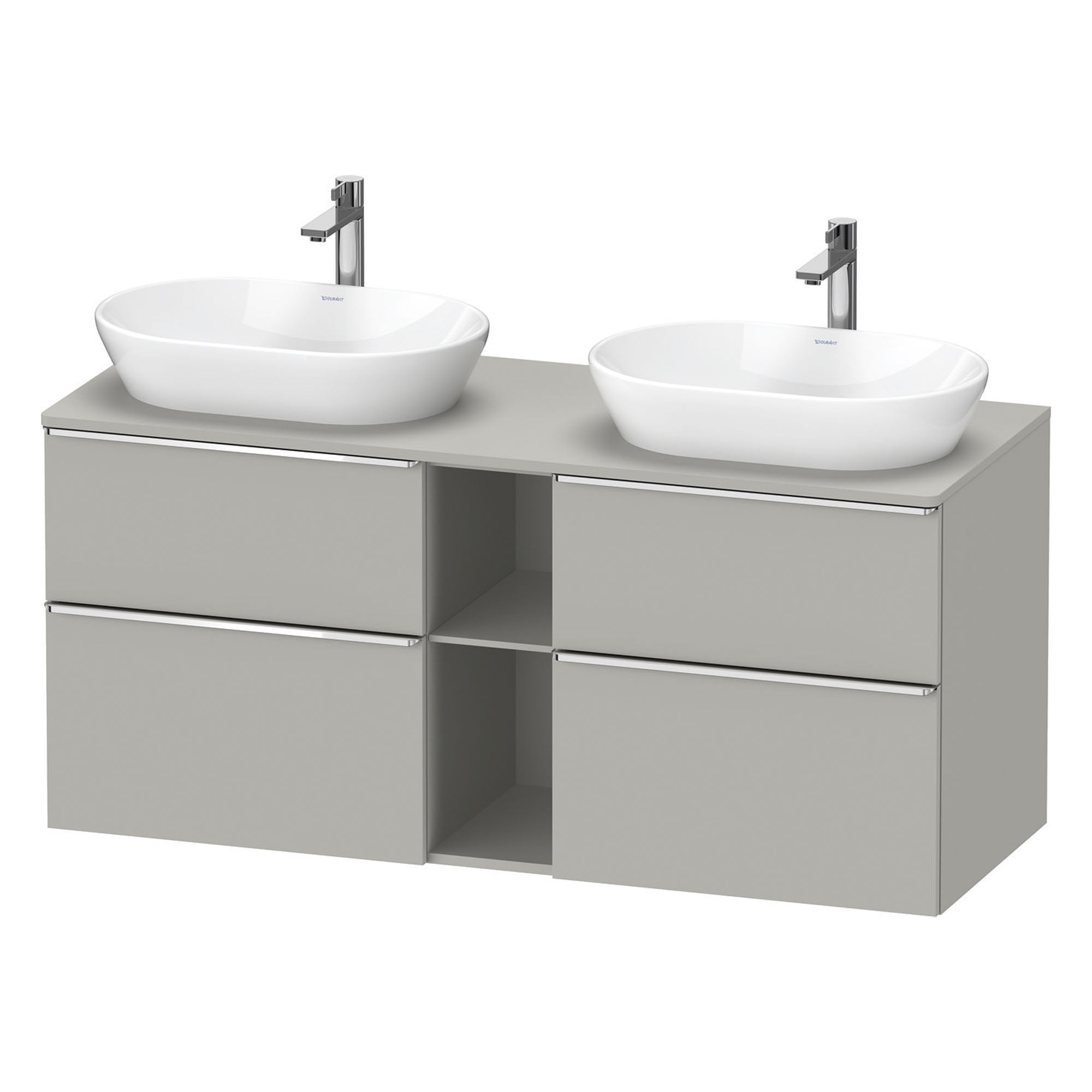 duravit d-neo 1400 wall mounted vanity unit with worktop 2 open shelves concrete grey chrome handles