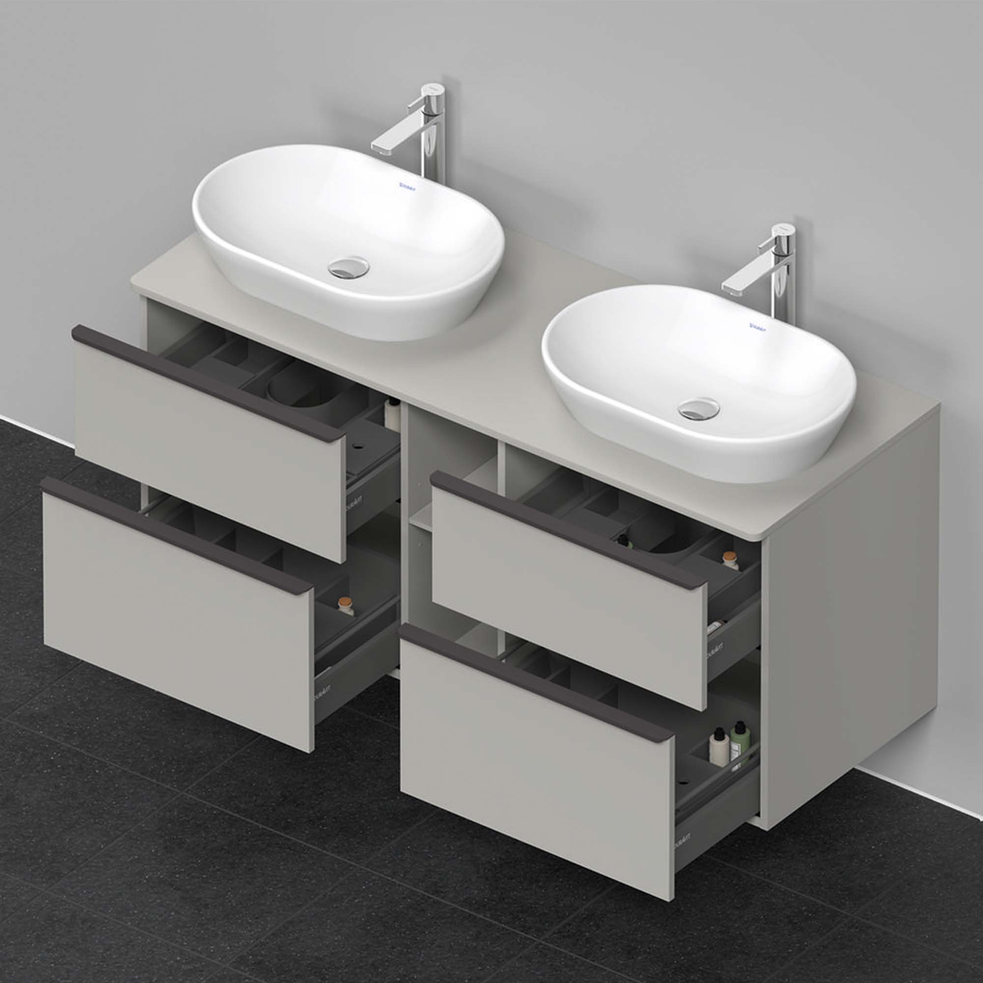 duravit d-neo 1400 wall mounted vanity unit with worktop 2 open shelves concrete grey diamond black handles