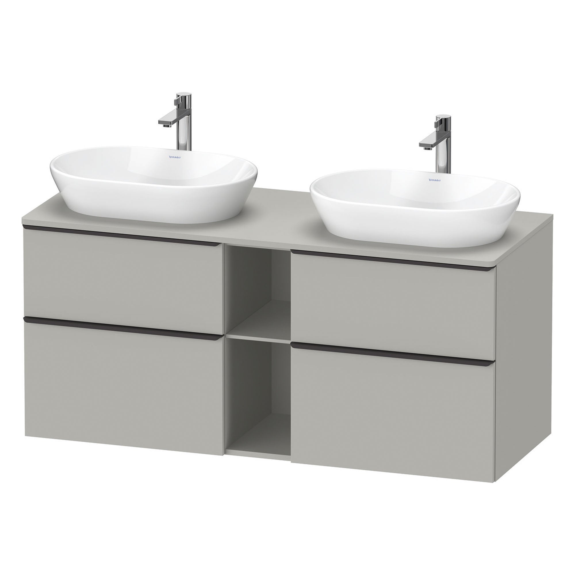 duravit d-neo 1400 wall mounted vanity unit with worktop 2 open shelves concrete grey diamond black handles