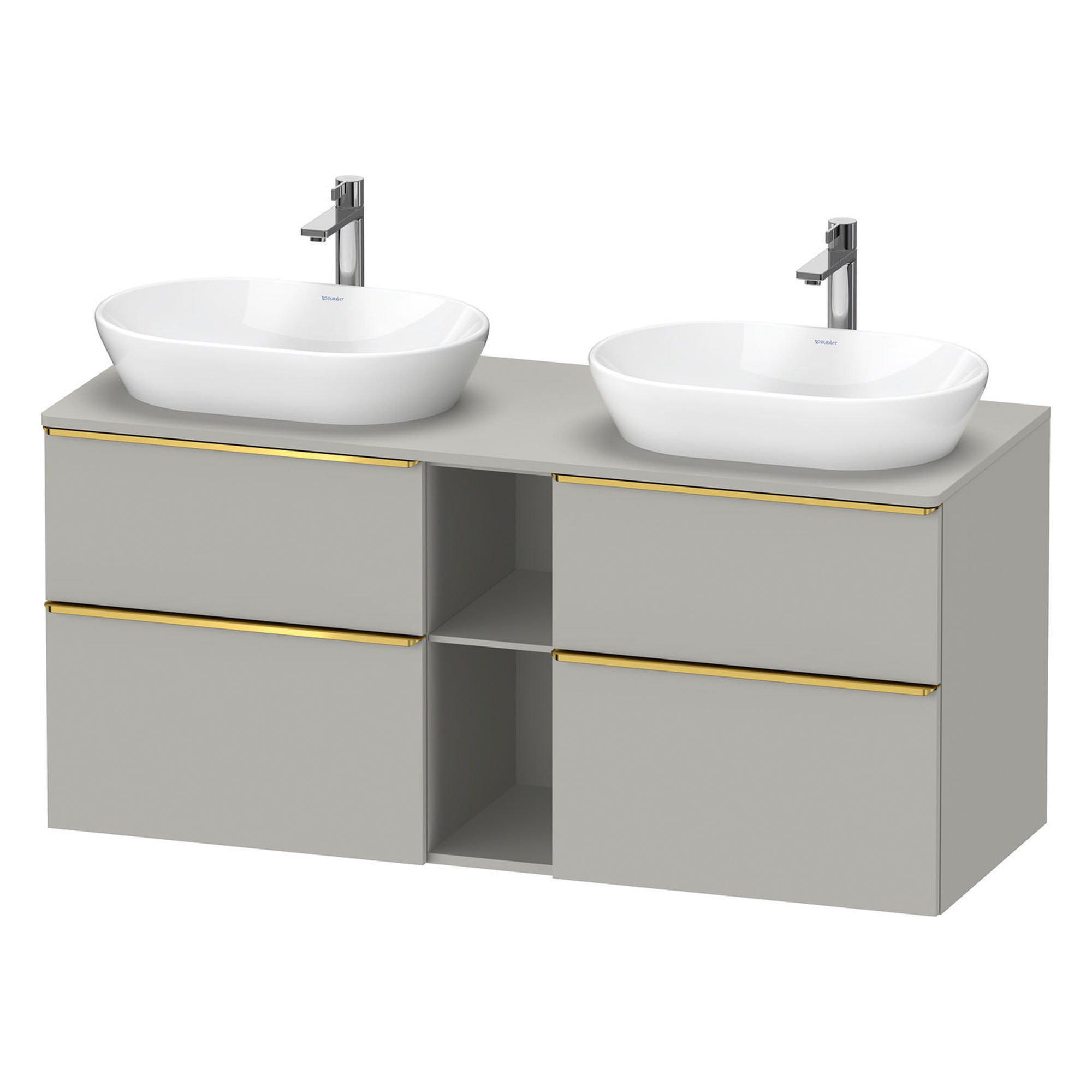 duravit d-neo 1400 wall mounted vanity unit with worktop 2 open shelves concrete grey gold handles
