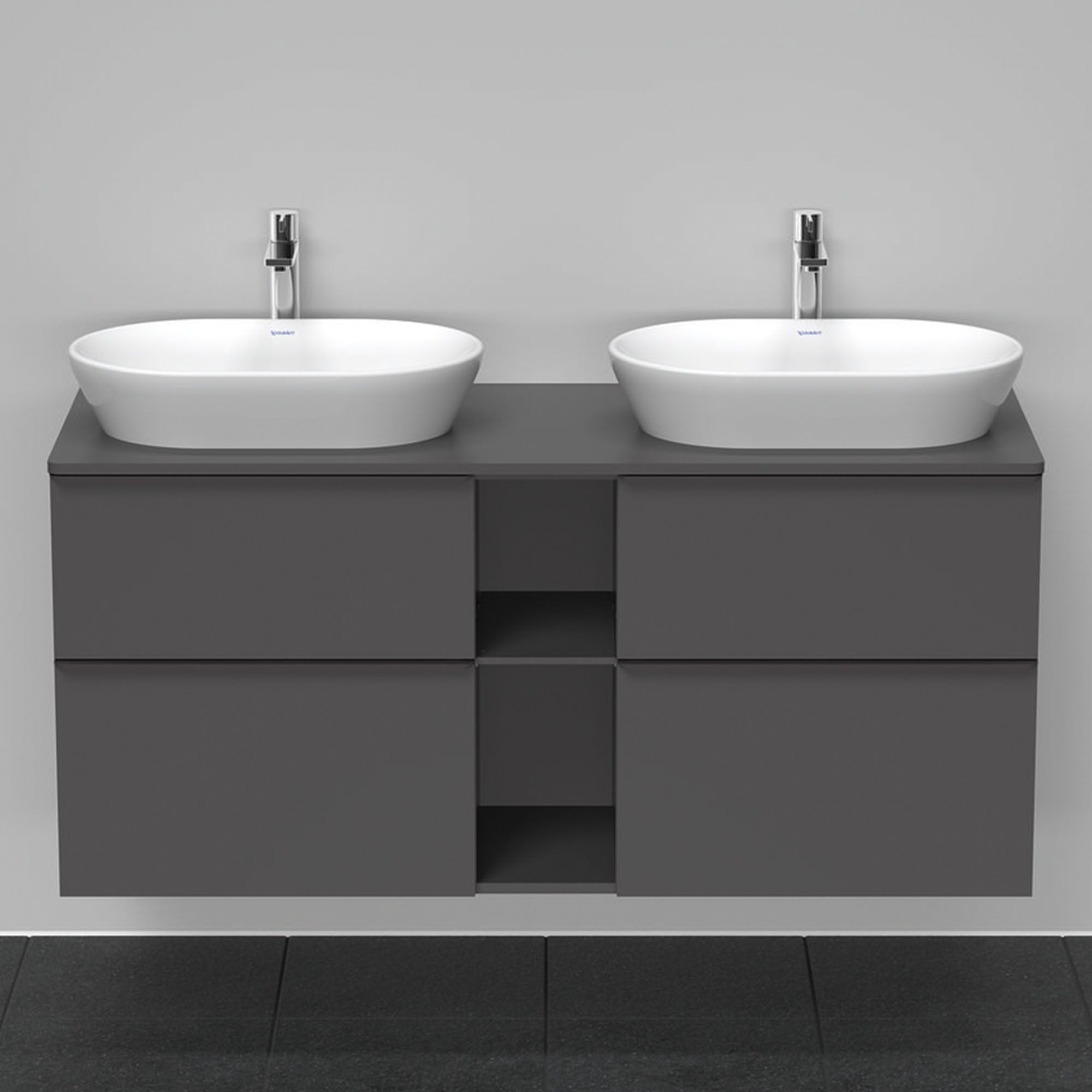 duravit d-neo 1400 wall mounted vanity unit with worktop 2 open shelves graphite matt diamond black handles