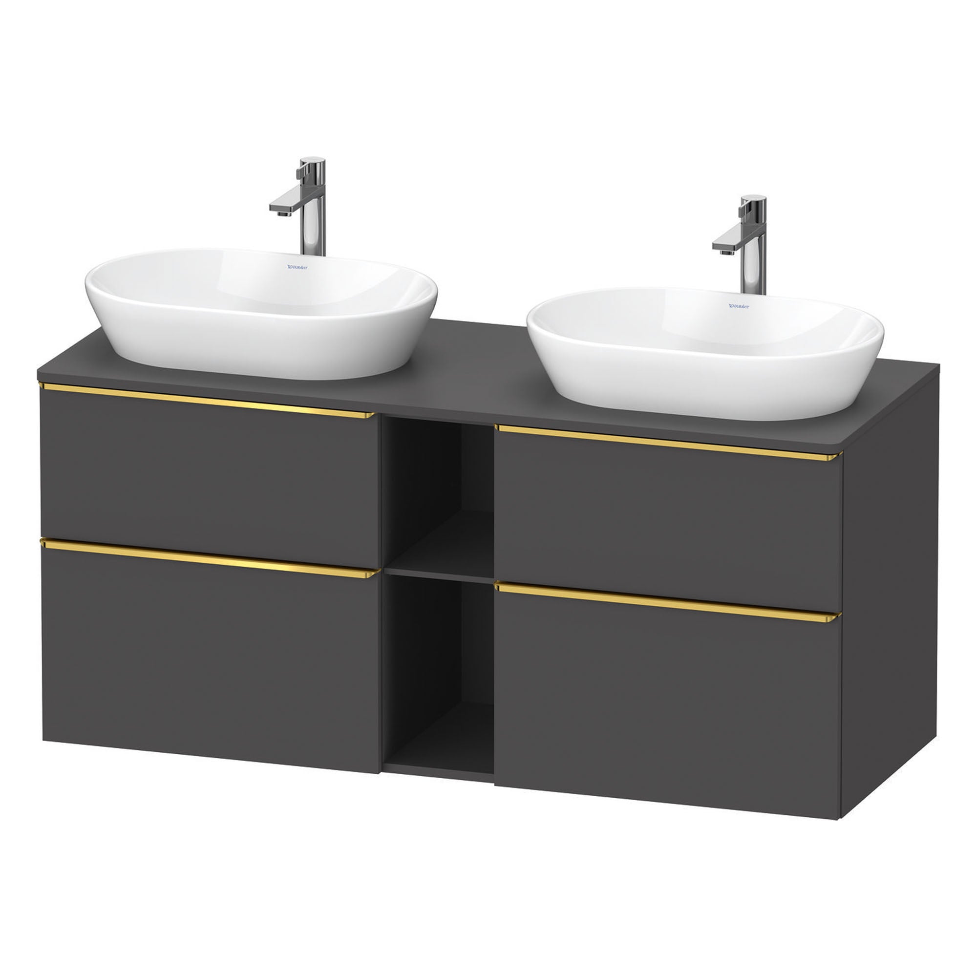 duravit d-neo 1400 wall mounted vanity unit with worktop 2 open shelves graphite matt gold handles