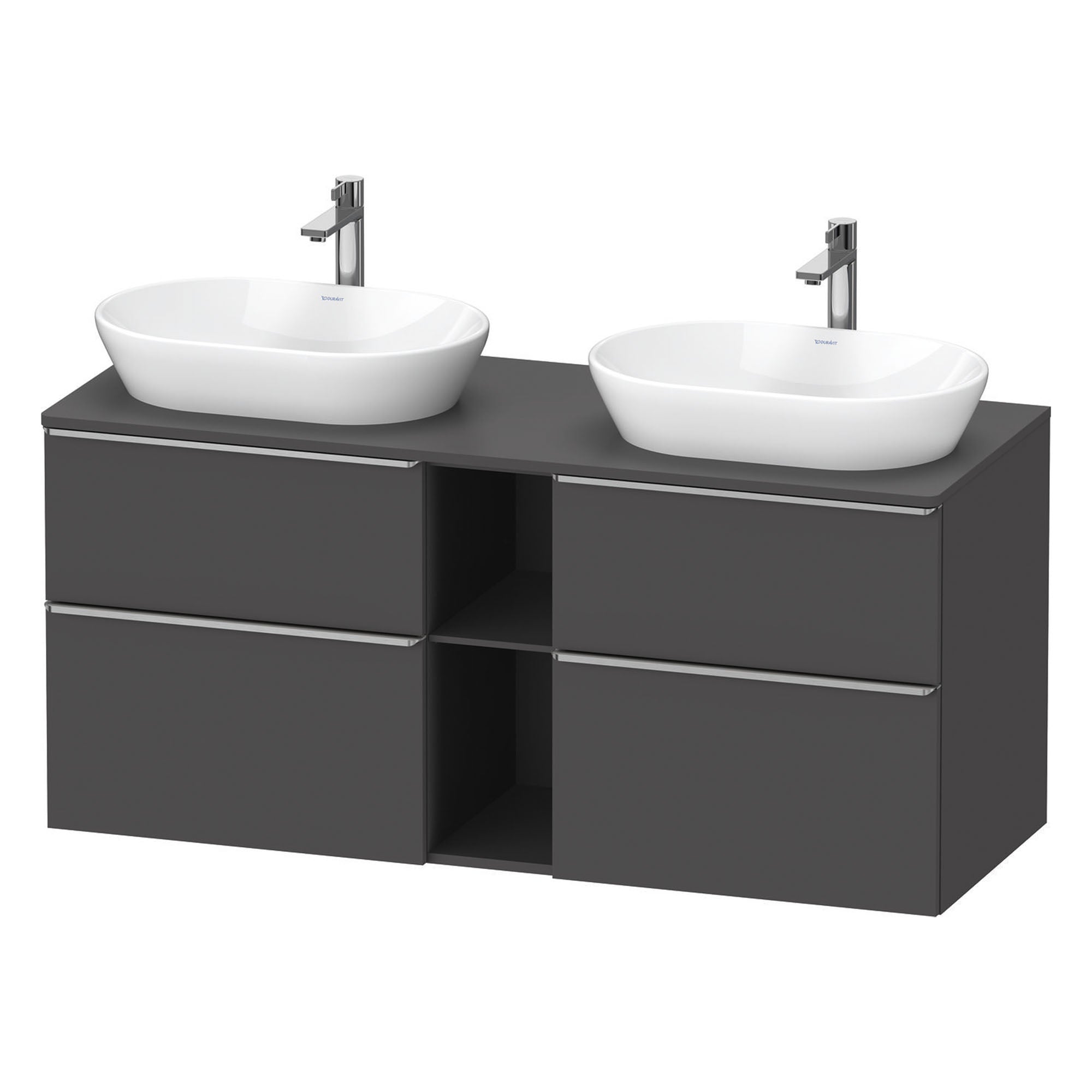 duravit d-neo 1400 wall mounted vanity unit with worktop 2 open shelves graphite matt stainless steel handles