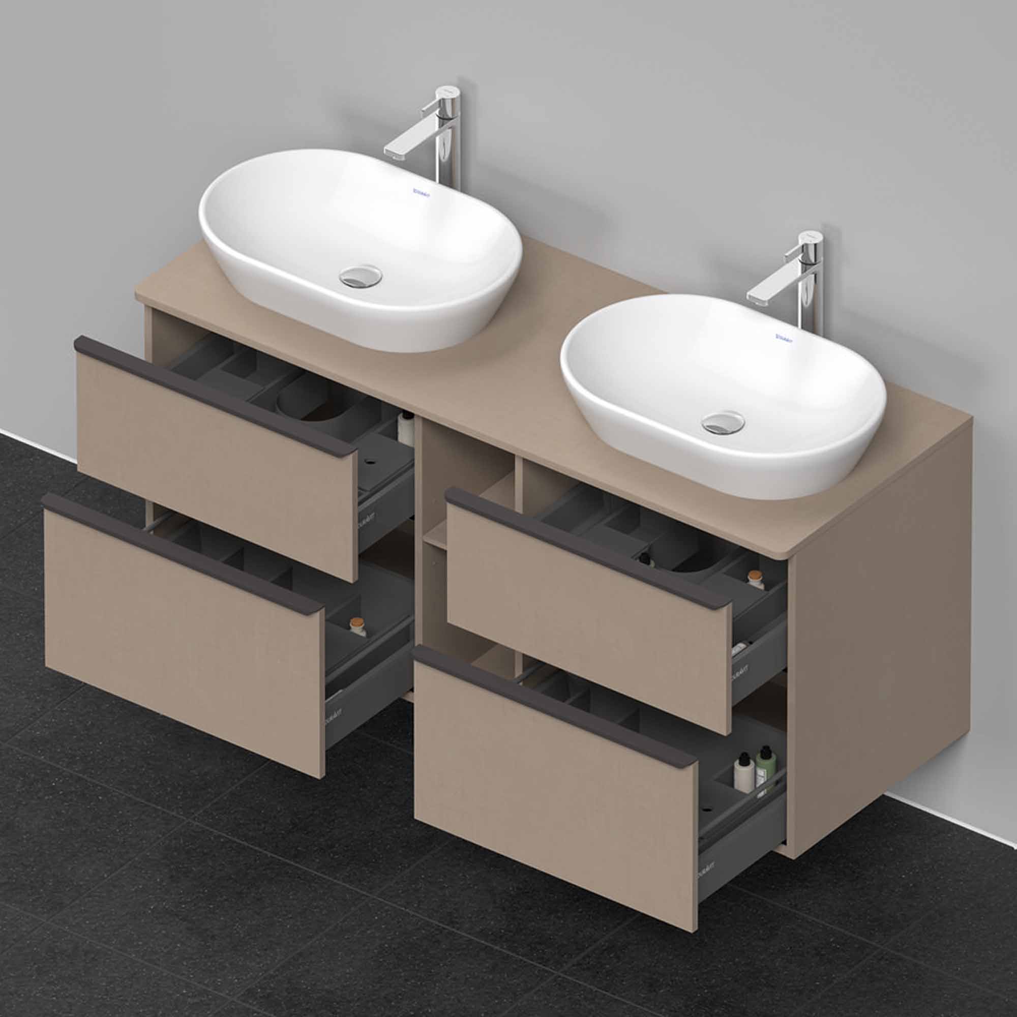 duravit d-neo 1400 wall mounted vanity unit with worktop 2 open shelves matt linen diamond black handles