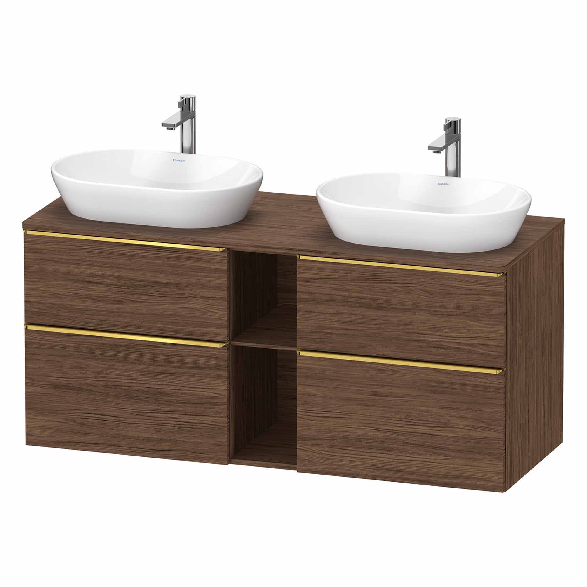 duravit d-neo 1400 wall mounted vanity unit with worktop 2 open shelves matt dark walnut gold handles