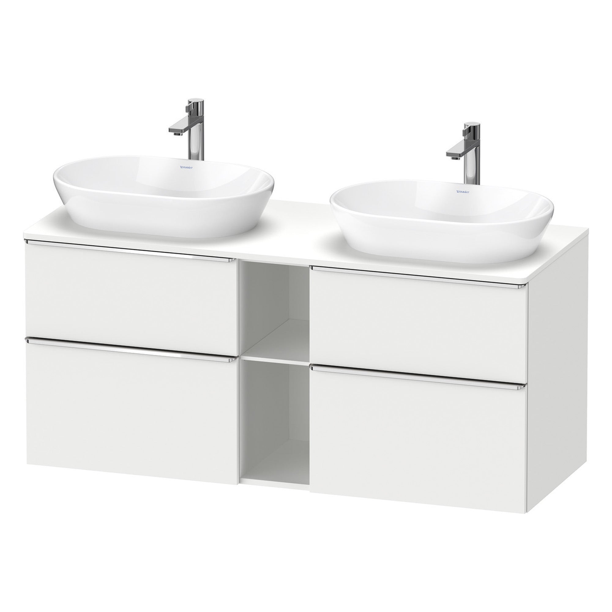 duravit d-neo 1400 wall mounted vanity unit with worktop 2 open shelves matt white chrome handles