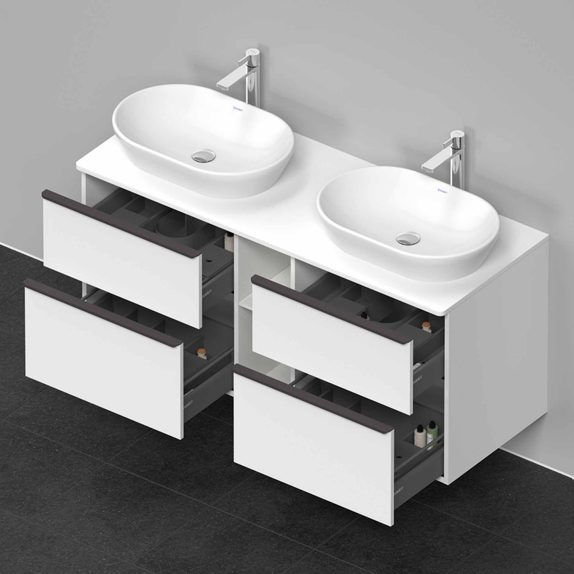 duravit d-neo 1400 wall-mounted vanity unit with worktop 2 open shelves matt white black diamond handles