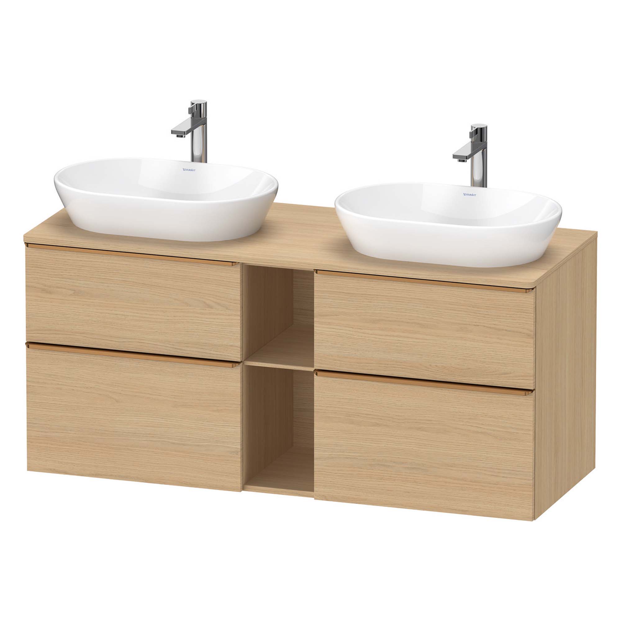 duravit d-neo 1400 wall mounted vanity unit with worktop 2 open shelves natural oak brushed bronze handles