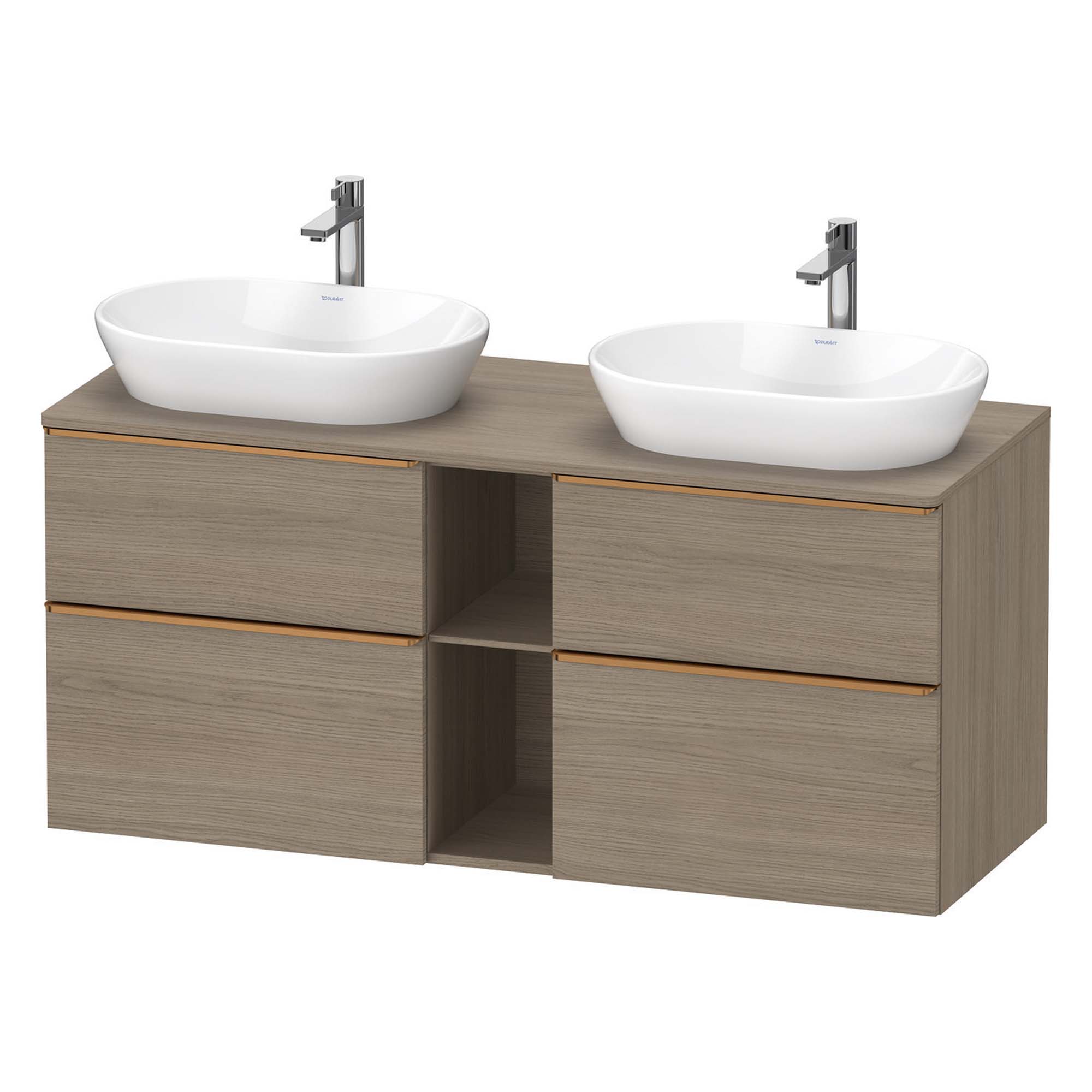 duravit d-neo 1400 wall mounted vanity unit with worktop 2 open shelves oak terra brushed bronze handles