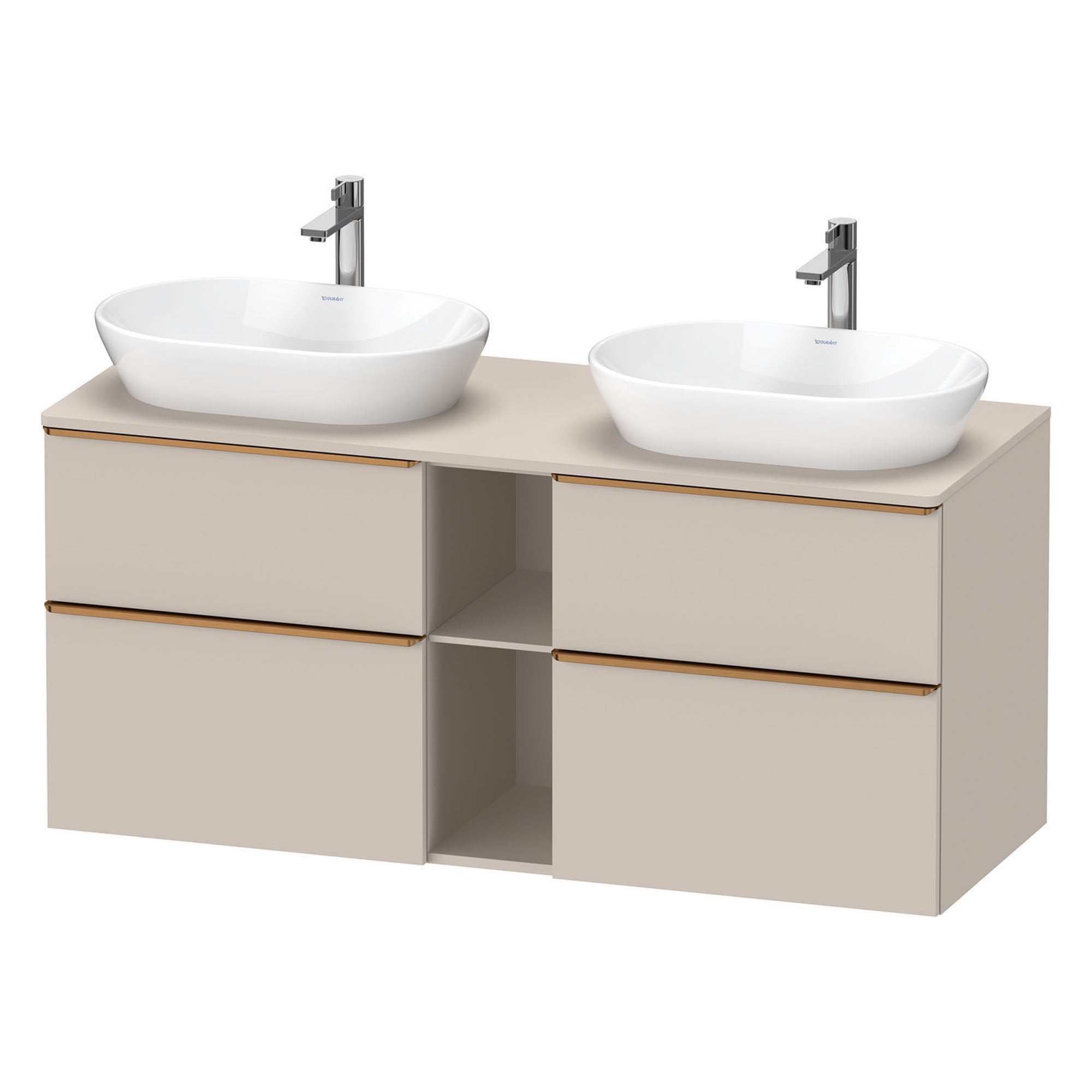 duravit d-neo 1400 wall mounted vanity unit with worktop 2 open shelves taupe brushed bronze handles
