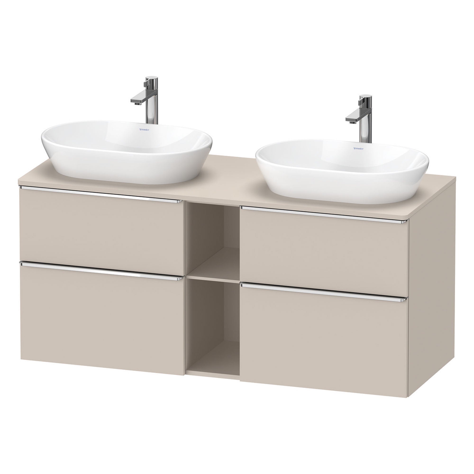 duravit d-neo 1400 wall mounted vanity unit with worktop 2 open shelves taupe chrome handles
