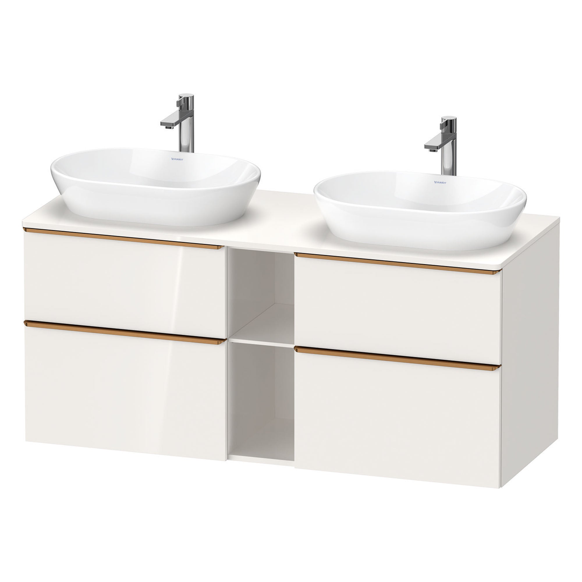 duravit d-neo 1400 wall mounted vanity unit with worktop 2 open shelves white gloss brushed bronze handles