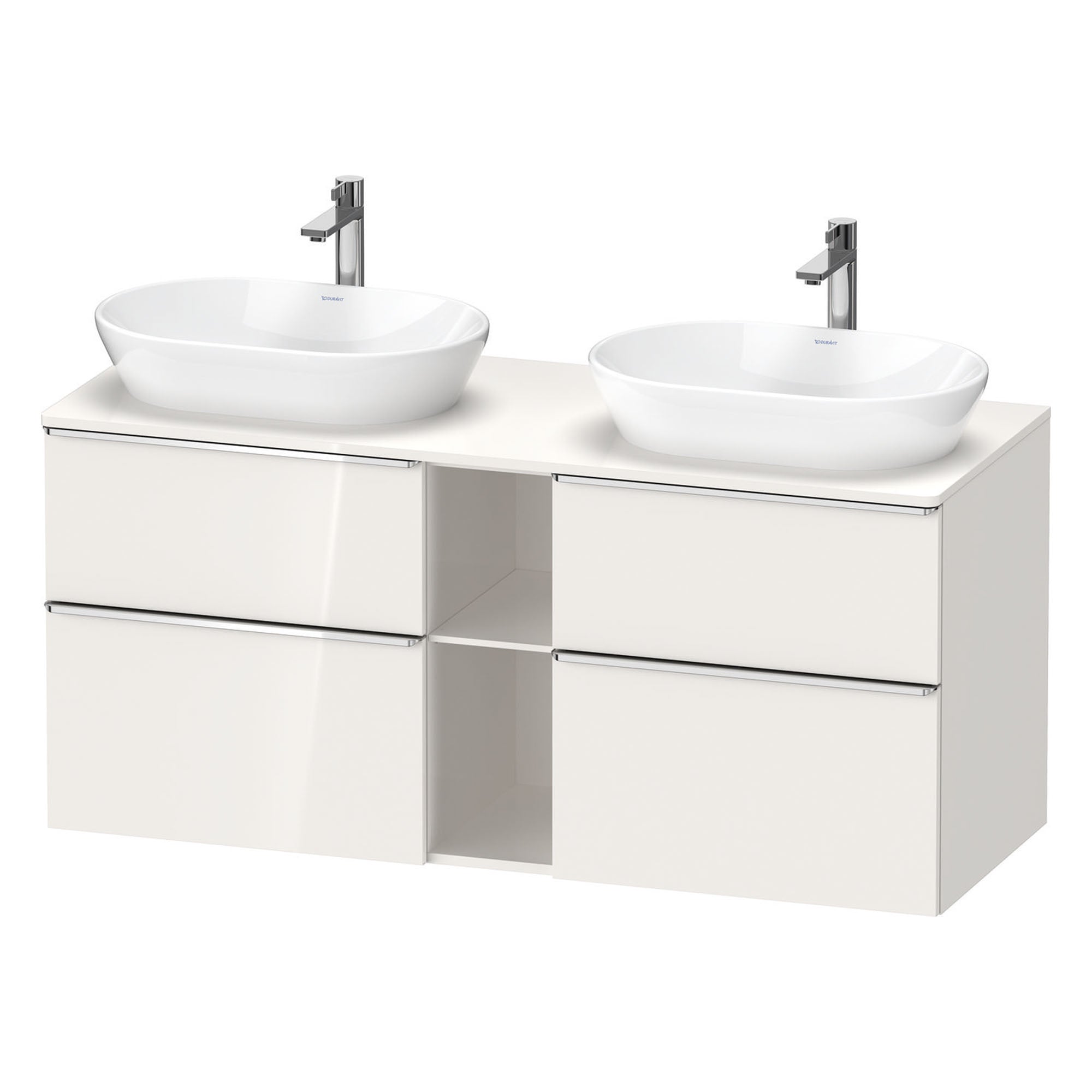 duravit d-neo 1400 wall mounted vanity unit with worktop 2 open shelves white gloss chrome handles