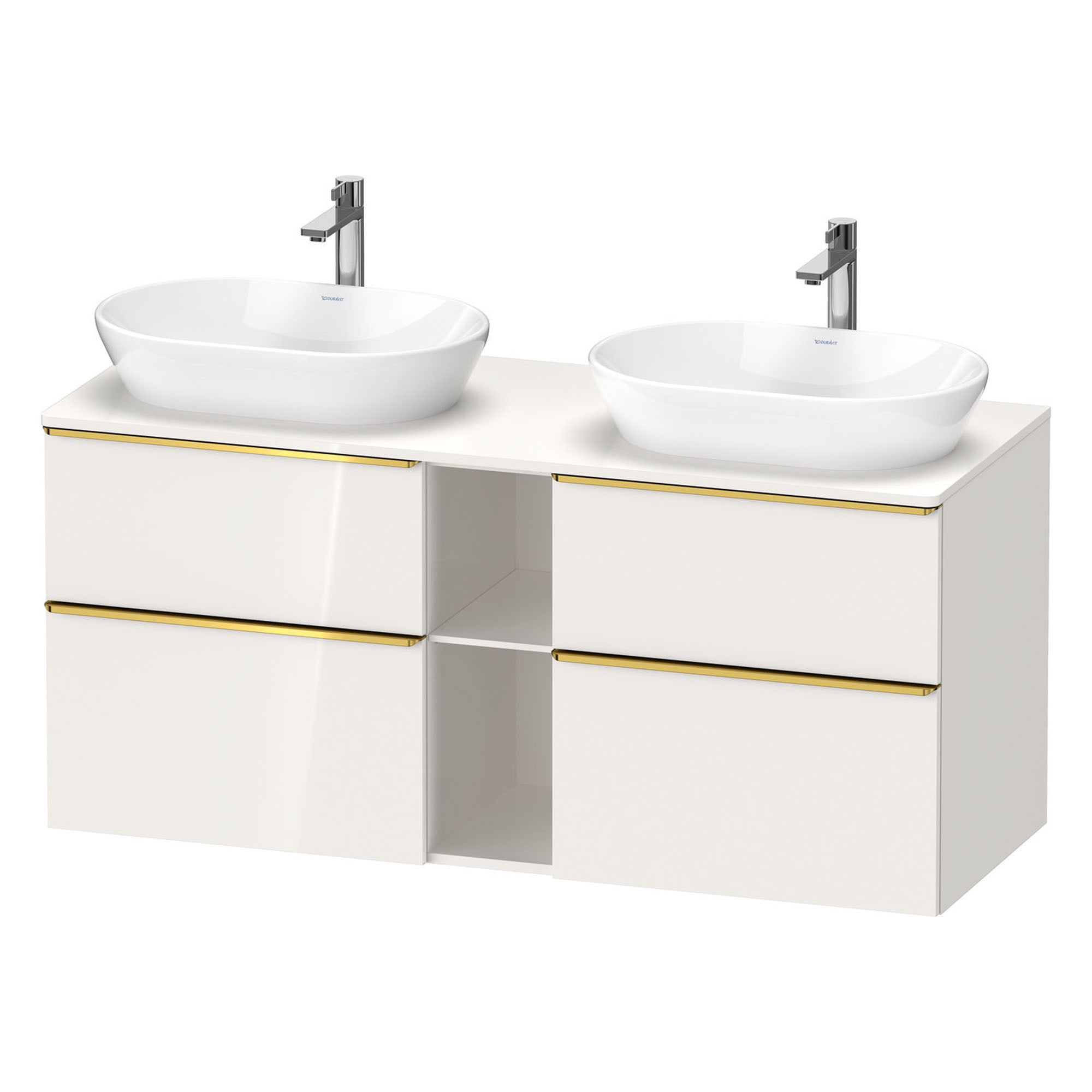 duravit d-neo 1400 wall mounted vanity unit with worktop 2 open shelves white gloss gold handles
