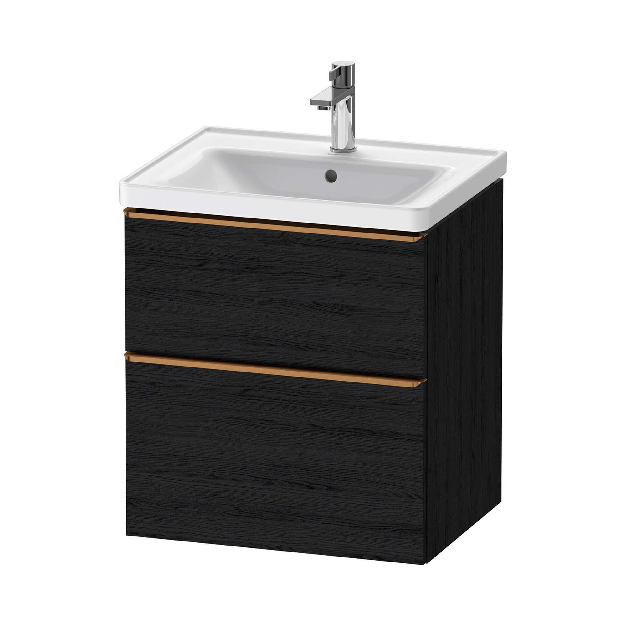 duravit d-neo 600 wall mounted vanity unit with d-neo basin black oak brushed bronze handles