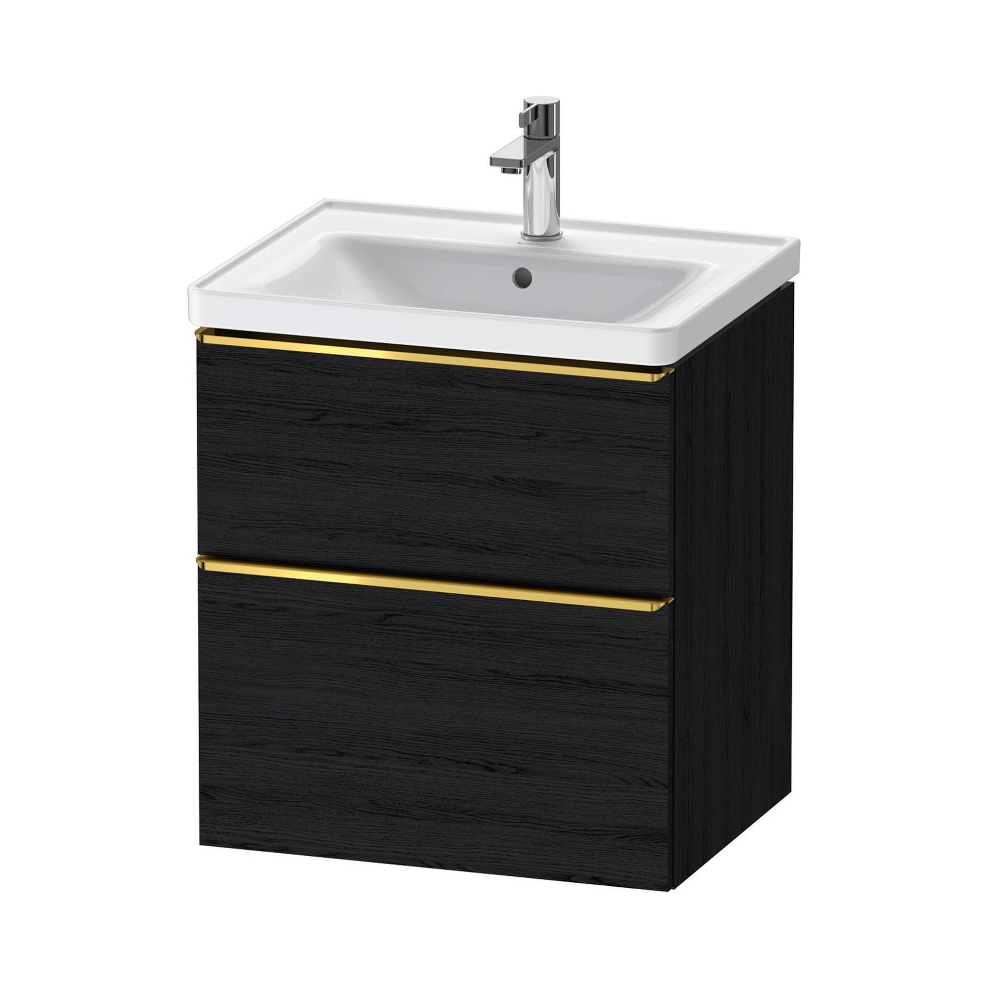 duravit d-neo 600 wall mounted vanity unit with d-neo basin black oak gold handles