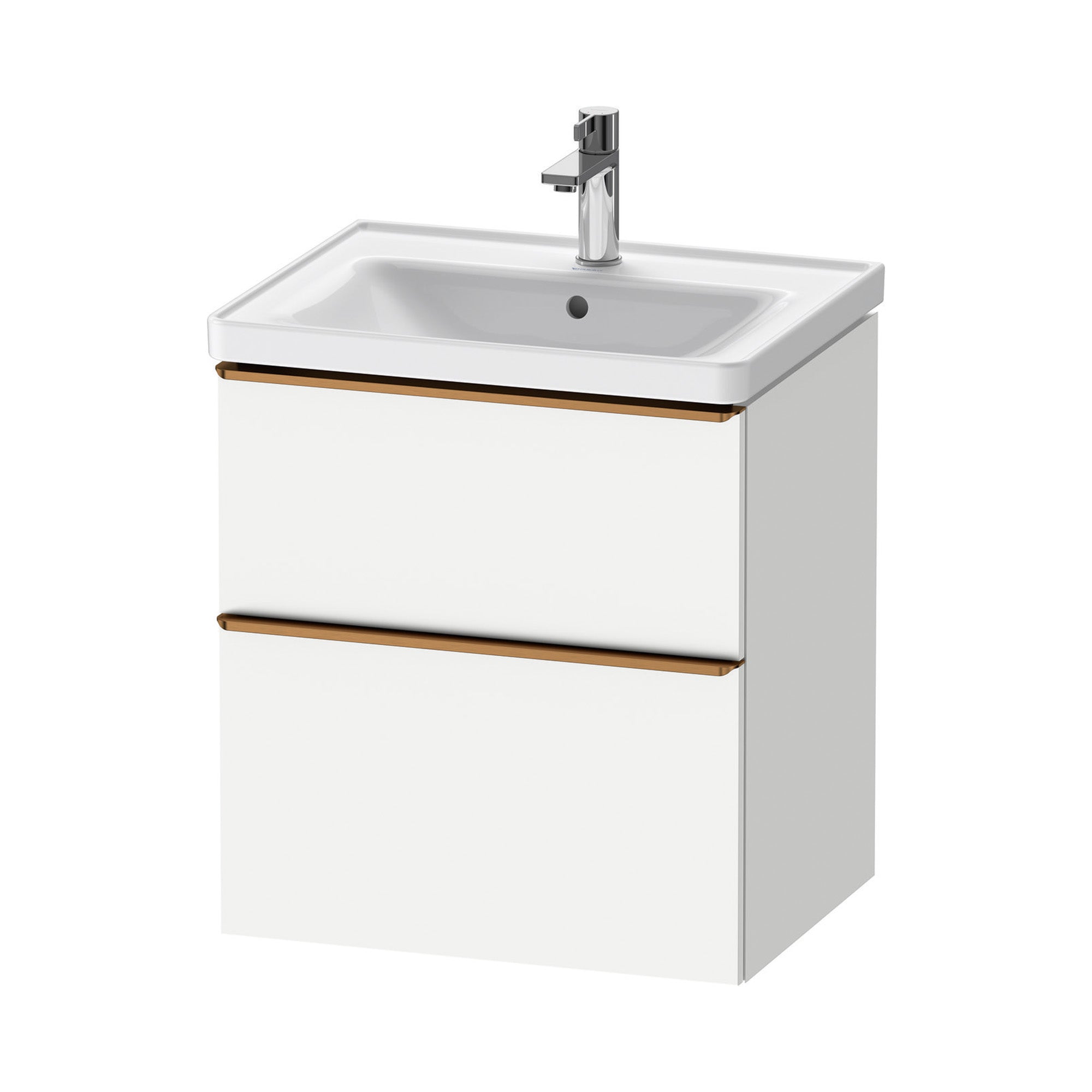 duravit d-neo 600 wall mounted vanity unit with d-neo basin matt white brushed bronze handles