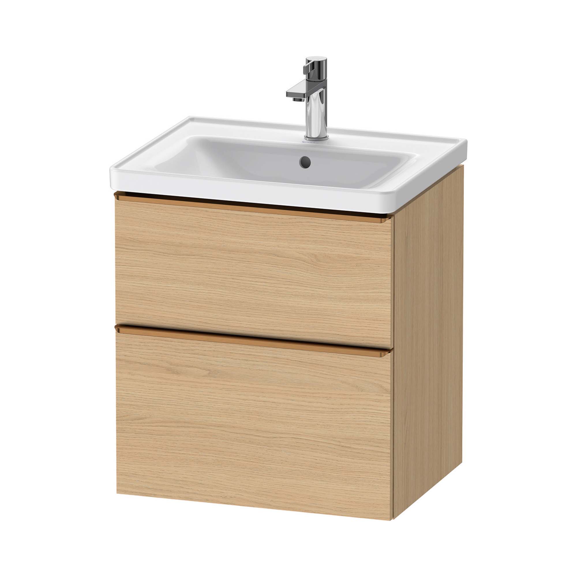 duravit d-neo 600 wall mounted vanity unit with d-neo basin natural oak brushed bronze handles