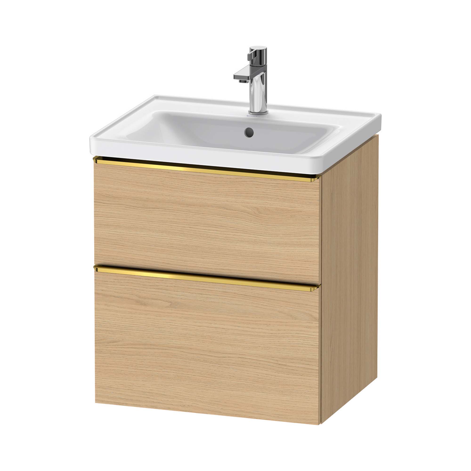 duravit d-neo 600 wall mounted vanity unit with d-neo basin natural oak gold handles