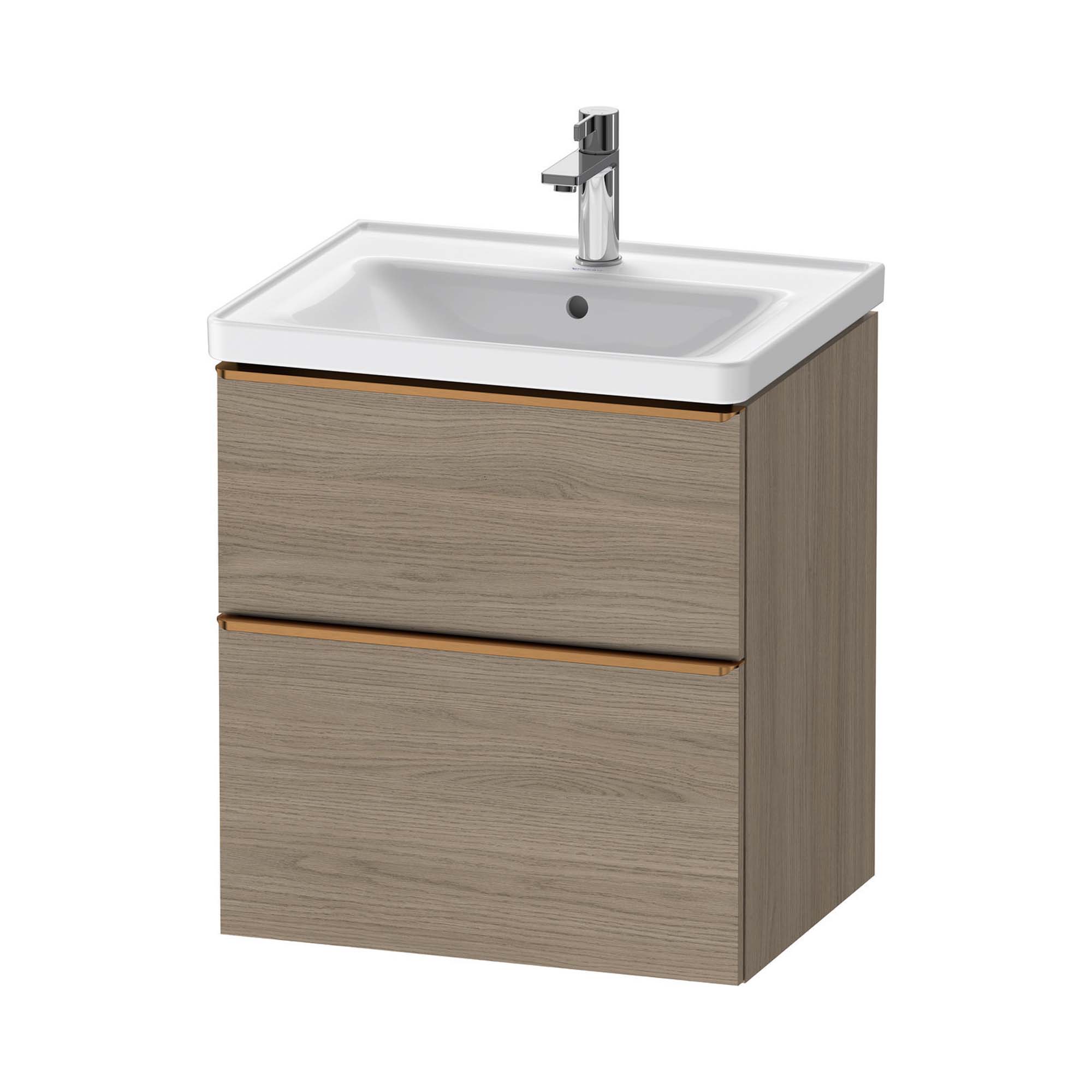 duravit d-neo 600 wall mounted vanity unit with d-neo basin oak terra brushed bronze handles