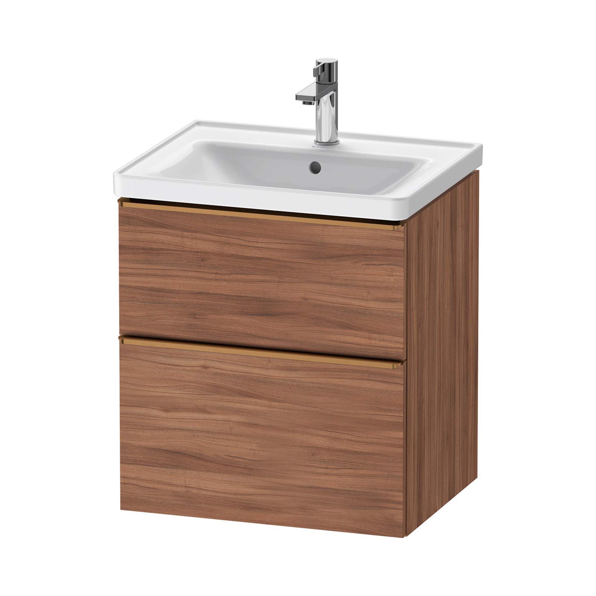 duravit d-neo 600 wall mounted vanity unit with d-neo basin walnut brushed bronze handles