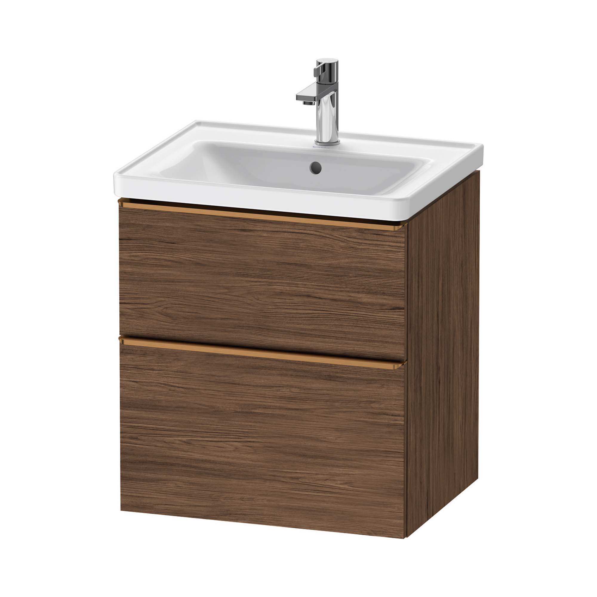 duravit d-neo 600 wall mounted vanity unit with d-neo basin dark walnut brushed bronze handles