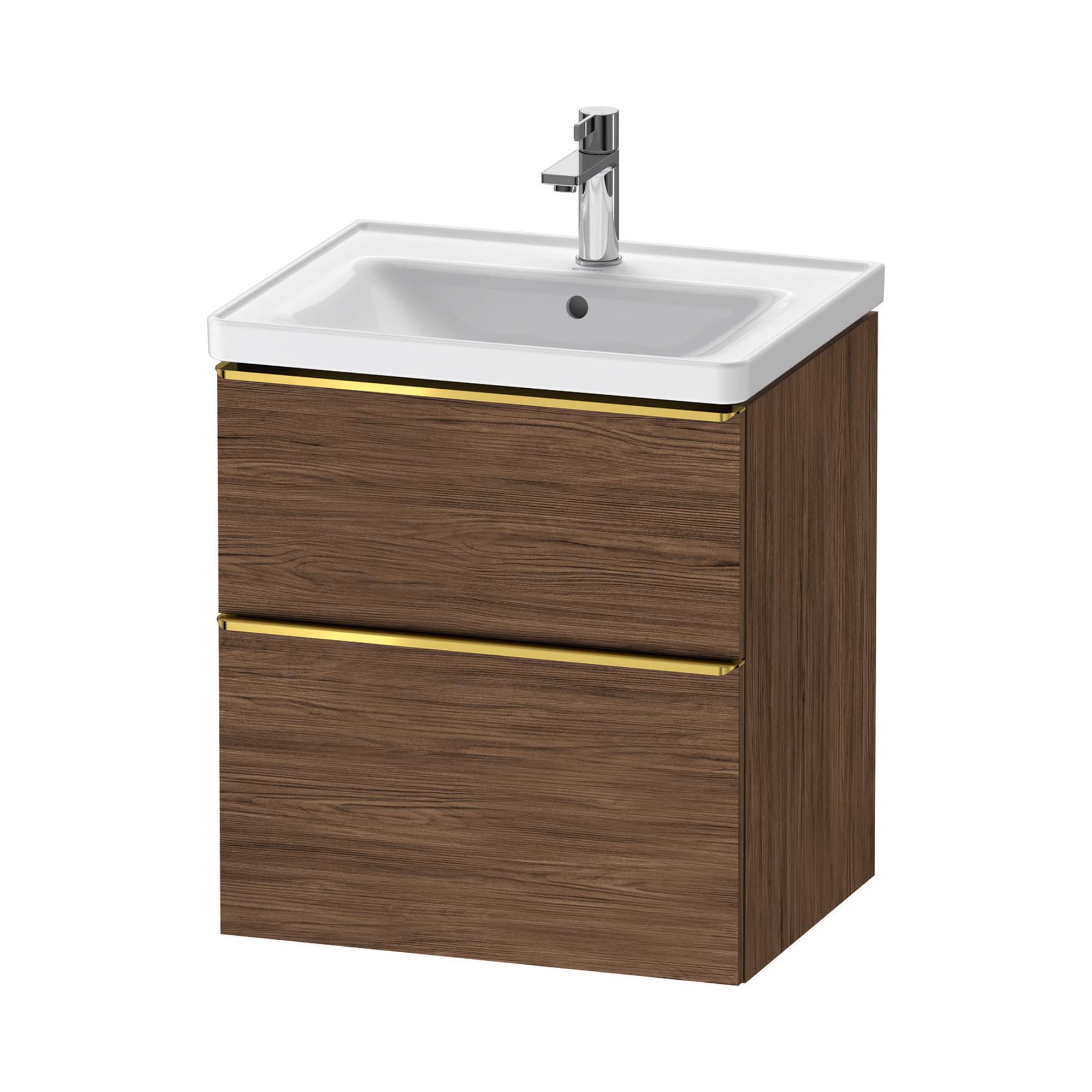 duravit d-neo 600 wall mounted vanity unit with d-neo basin dark walnut gold handles