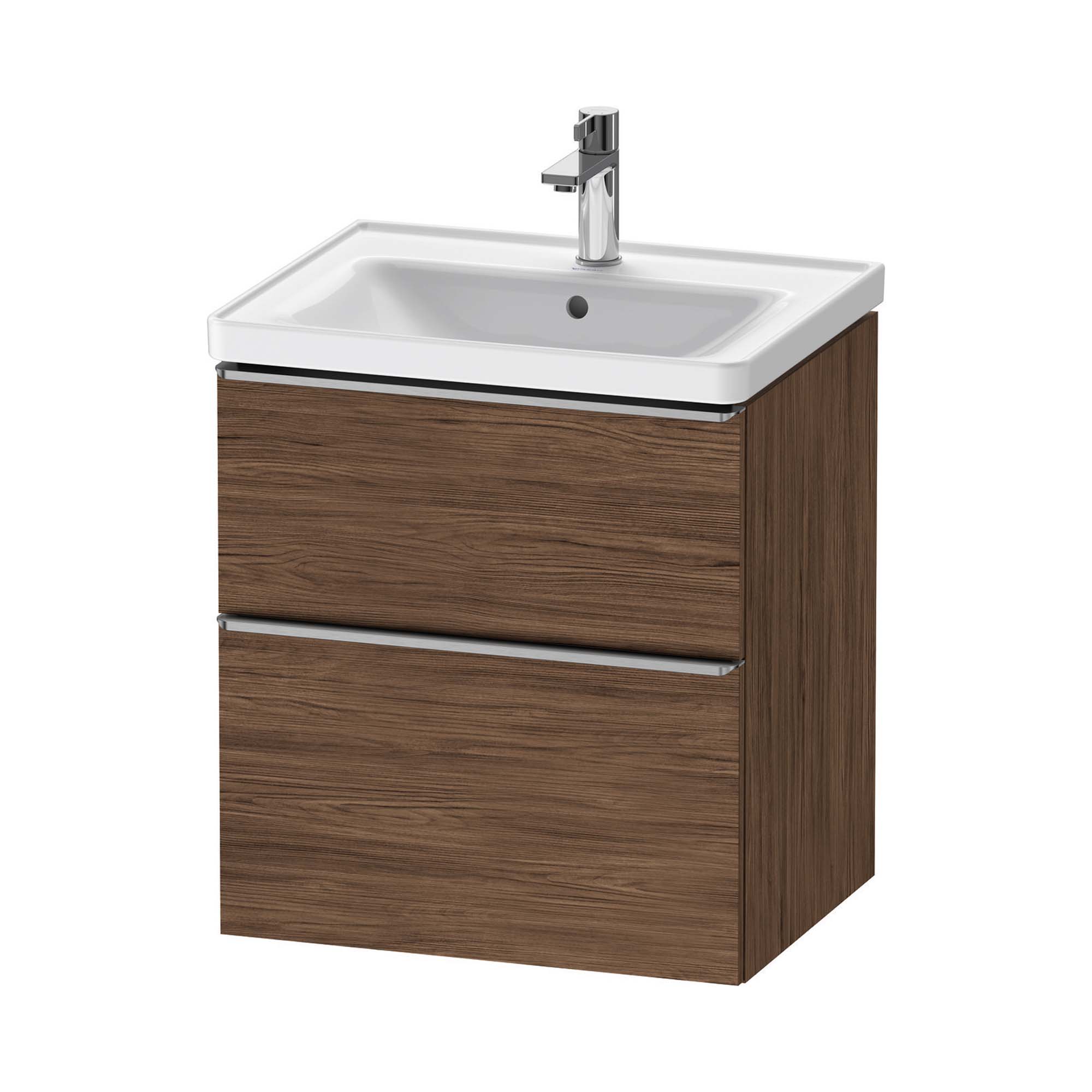 duravit d-neo 600 wall mounted vanity unit with d-neo basin dark walnut stainless steel handles