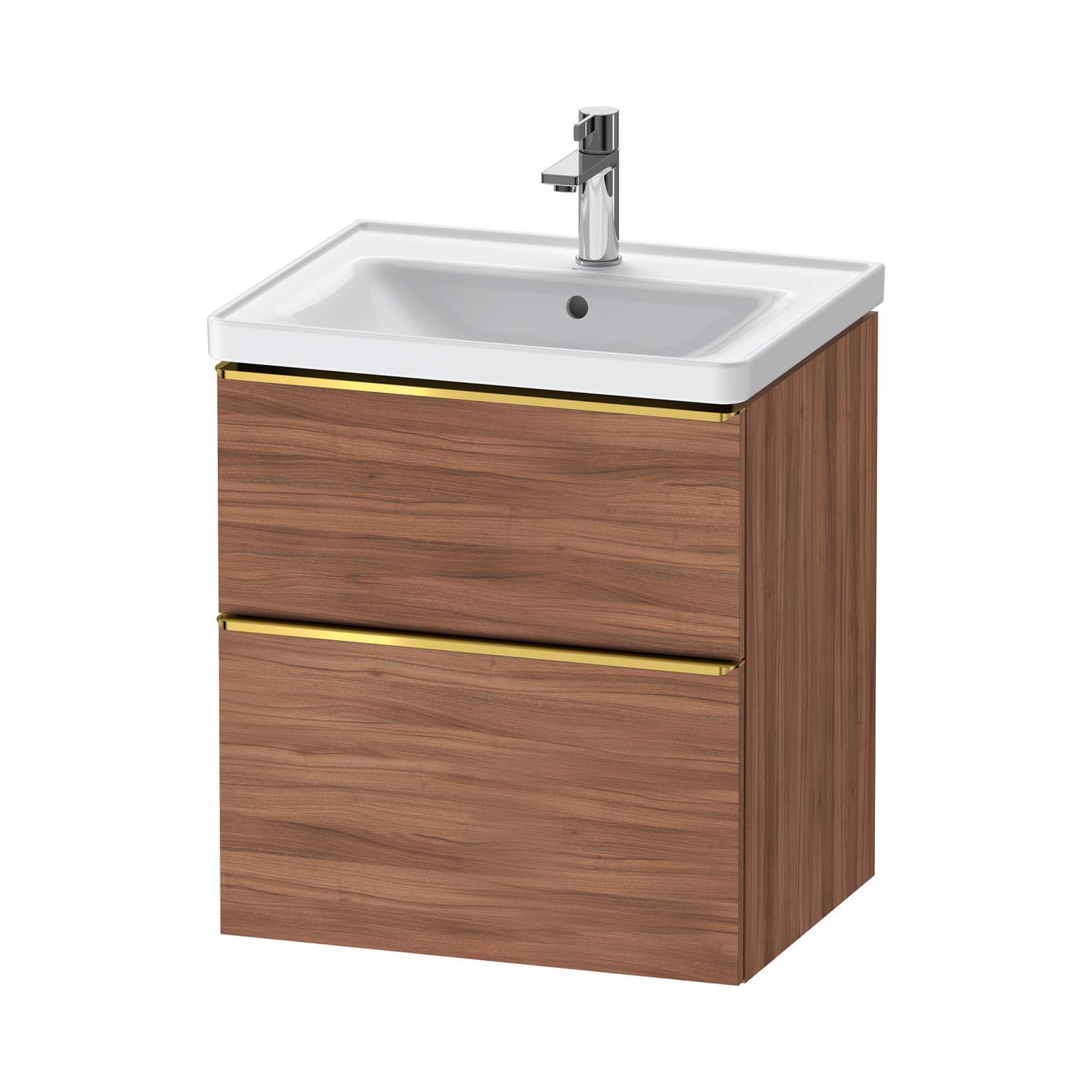 duravit d-neo 600 wall mounted vanity unit with d-neo basin walnut gold handles