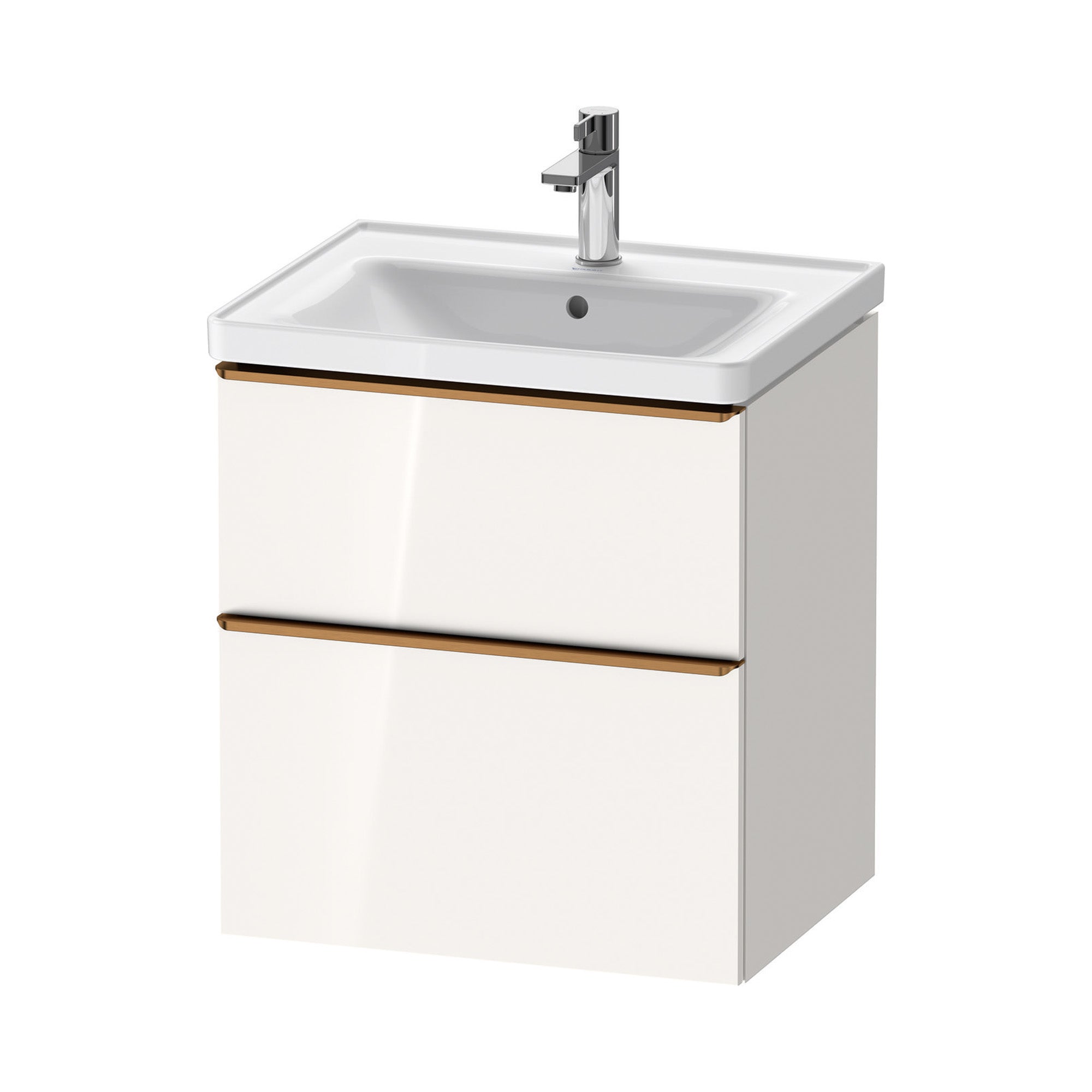 duravit d-neo 600 wall mounted vanity unit with d-neo basin gloss white brushed bronze handles