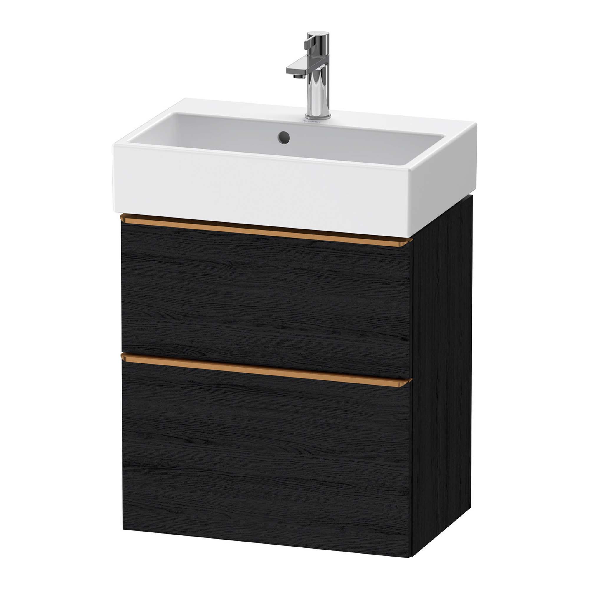 duravit d-neo 600 wall mounted vanity unit with vero basin black oak brushed bronze handles