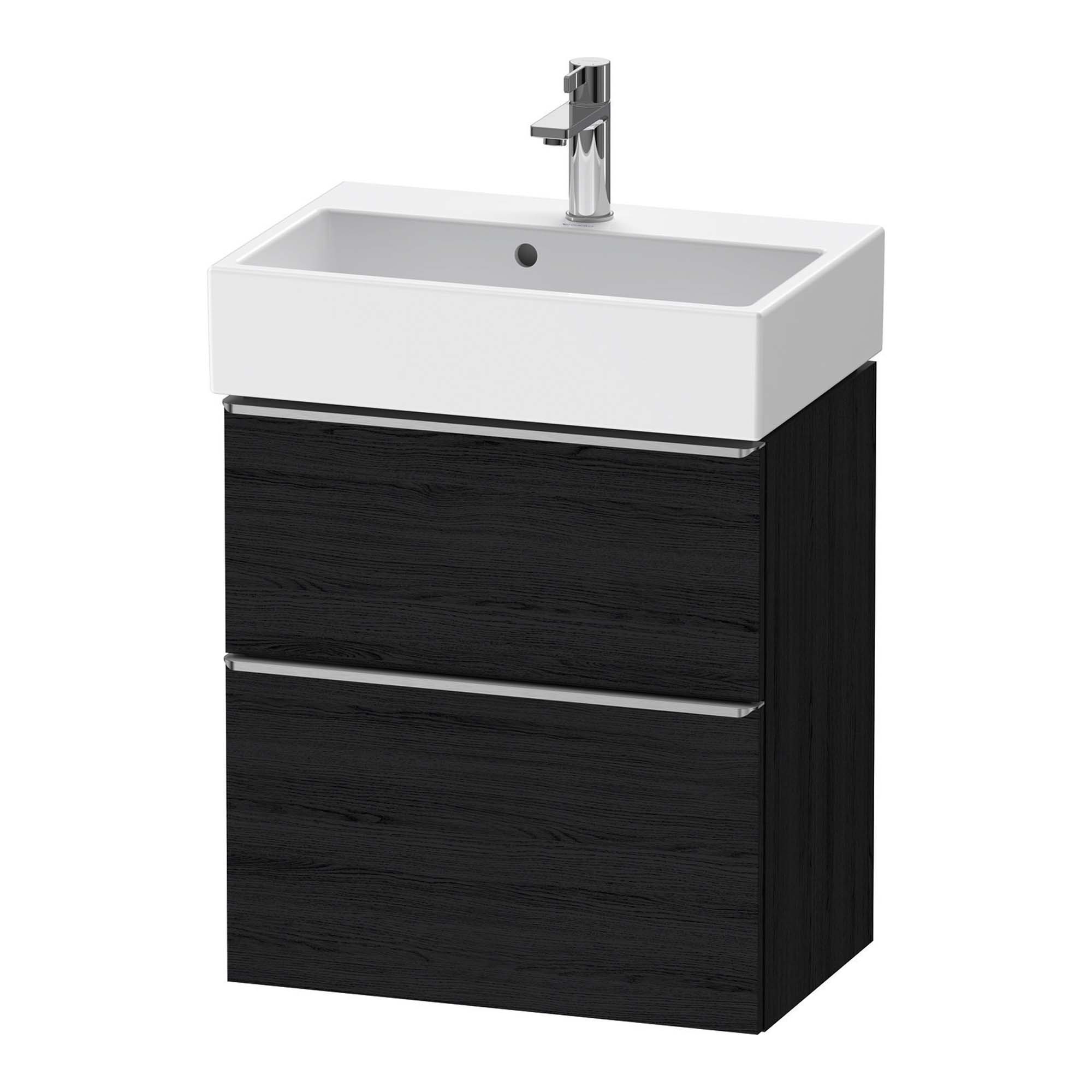 duravit d-neo 600 wall mounted vanity unit with vero basin black oak stainless steel handles